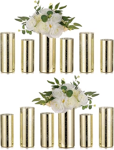 Miniatura 8 de Hewory - Juego de 12 jarrones cilíndricos de vidrio, jarrón plateado brillante para centros de mesa, portavelas de huracán de vidrio para velas