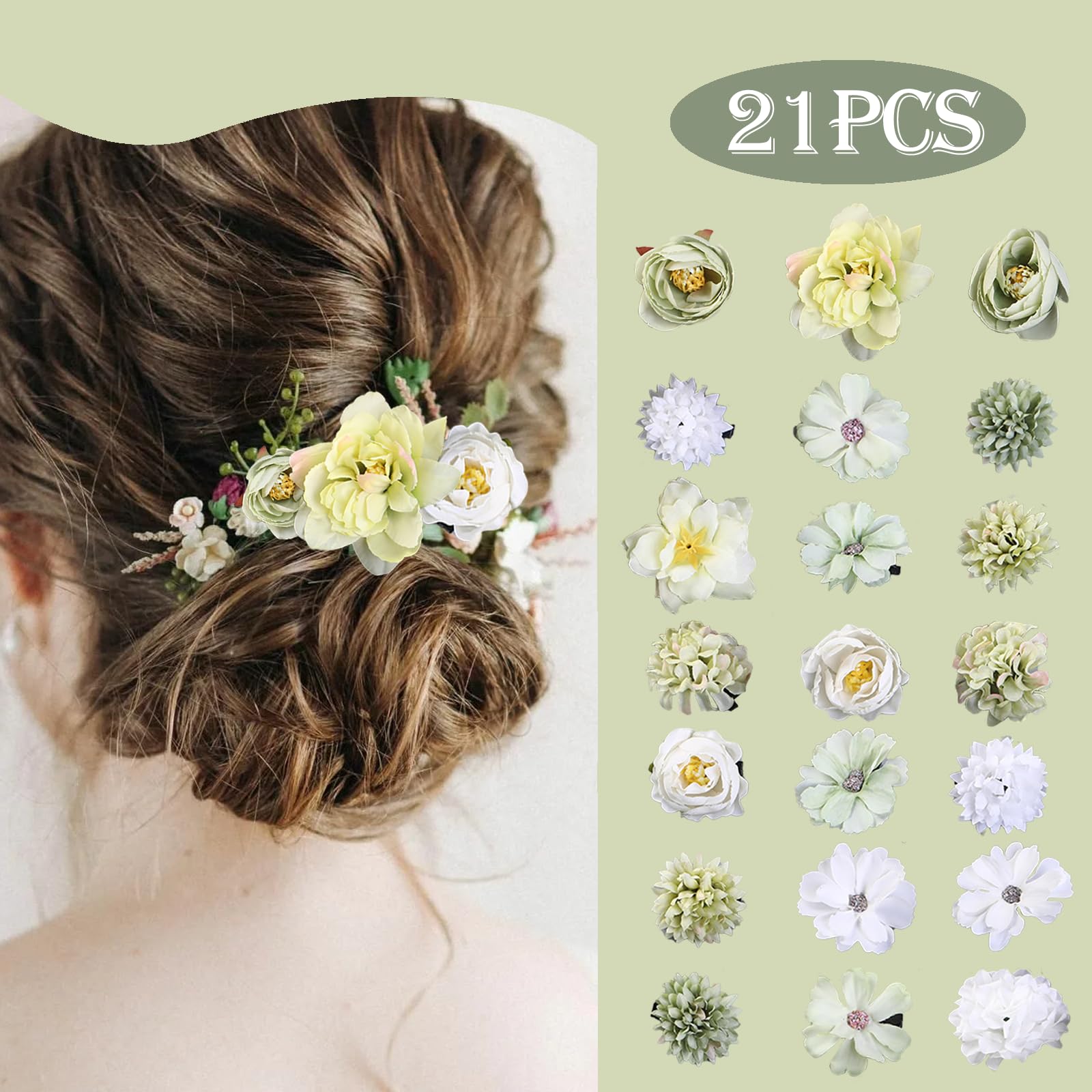 Flower Hair Clip, Pack of 21 Multicoloured Flower Hair Clips, Artificial Blossom Hair Clip, Flower Hair Accessories for Party, Beach, Wedding, Event Decoration (Green and White Series) - Image 2