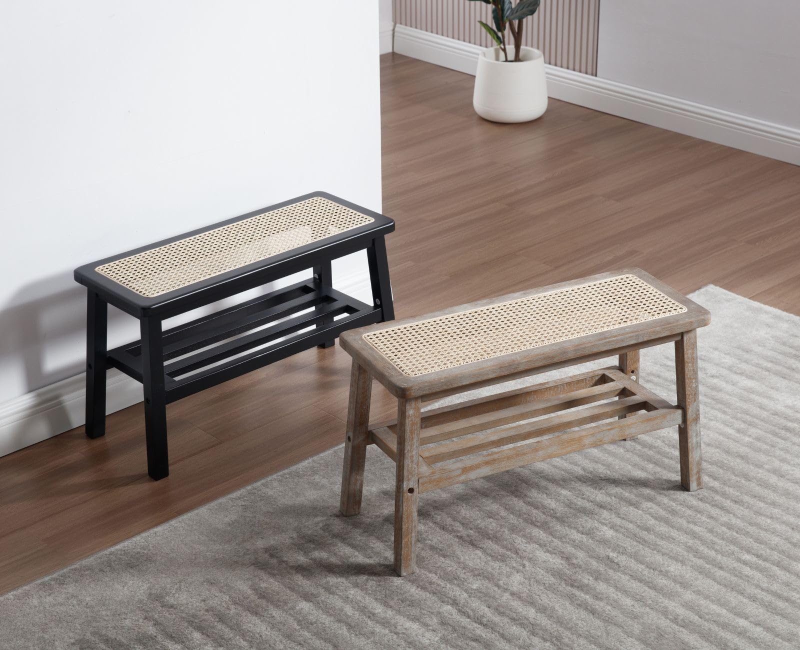 Ya-Home Banco de Cocina de Rattan, Banco Zapatero, Banco Madera Recibidor para Salon/Oficina,Negro