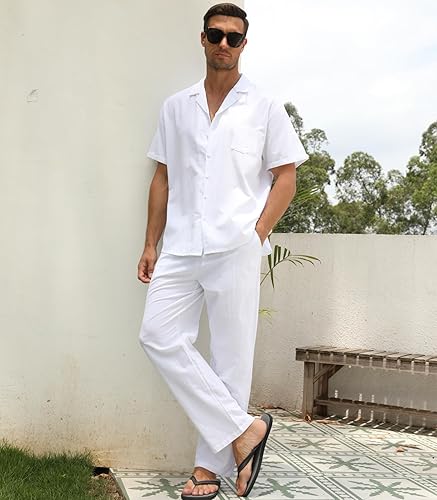 Miniatura 2 de RPOVIG Conjunto de camisa de lino y pantalones conjuntos de lino de 2 piezas para hombre, camisas de manga corta, pantalones de yoga, trajes de