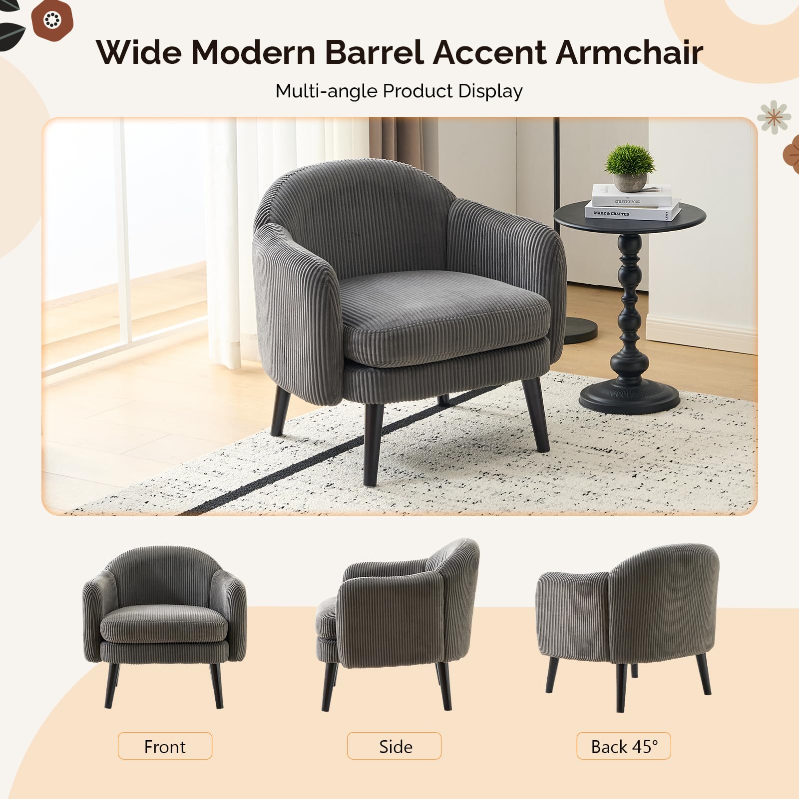 Bonnlo Sessel Gepolsterter Cocktailsessel, Moderner Loungesessel für Wohnzimmer, Lesesessel, Clubsessel, bis 113 kg belastbar, Schlafzimmer, Büro oder Wartebereich (Cord-Stoff, Dunkelgrau)