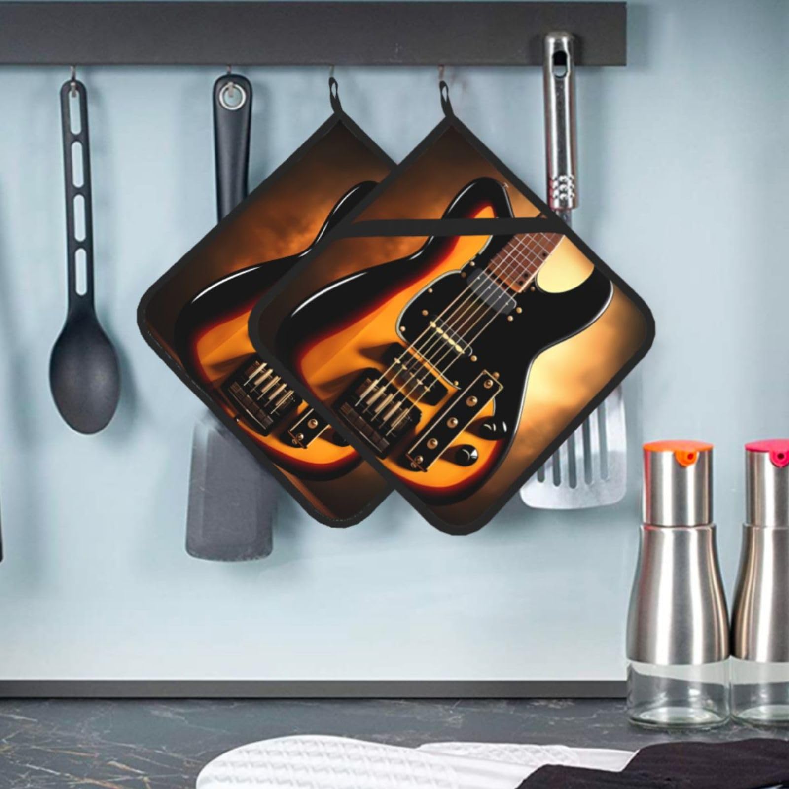 2 Pcs Pot Holders for Kitchen Heat Resistant Cotton Potholers Instrumental Guitar Oven Hot Pads for Microwave Cooking Baking BBQ