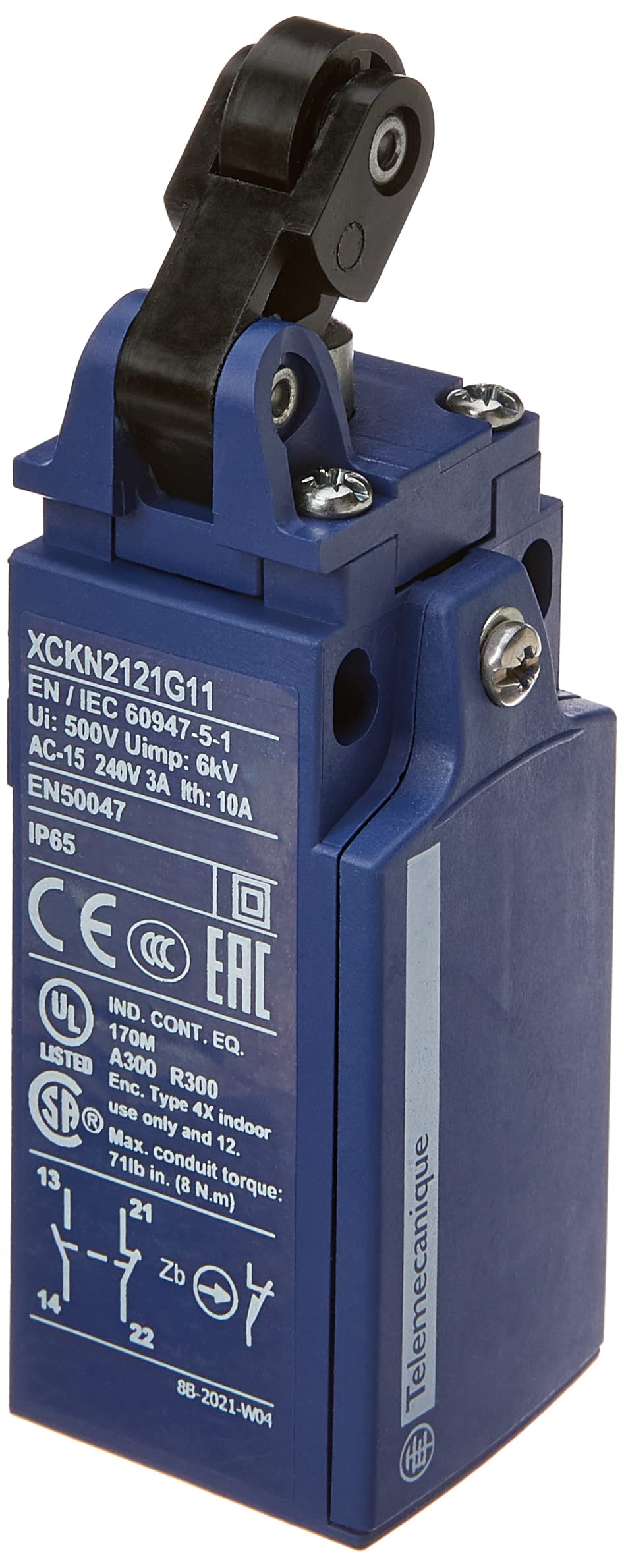 Schneider Electric XCKN2121G11 Limit Switch Pg11, Plastic 1-Conduit 65X31X30Mm Plastic Roller Lever Plunger Horizontal Actuation N