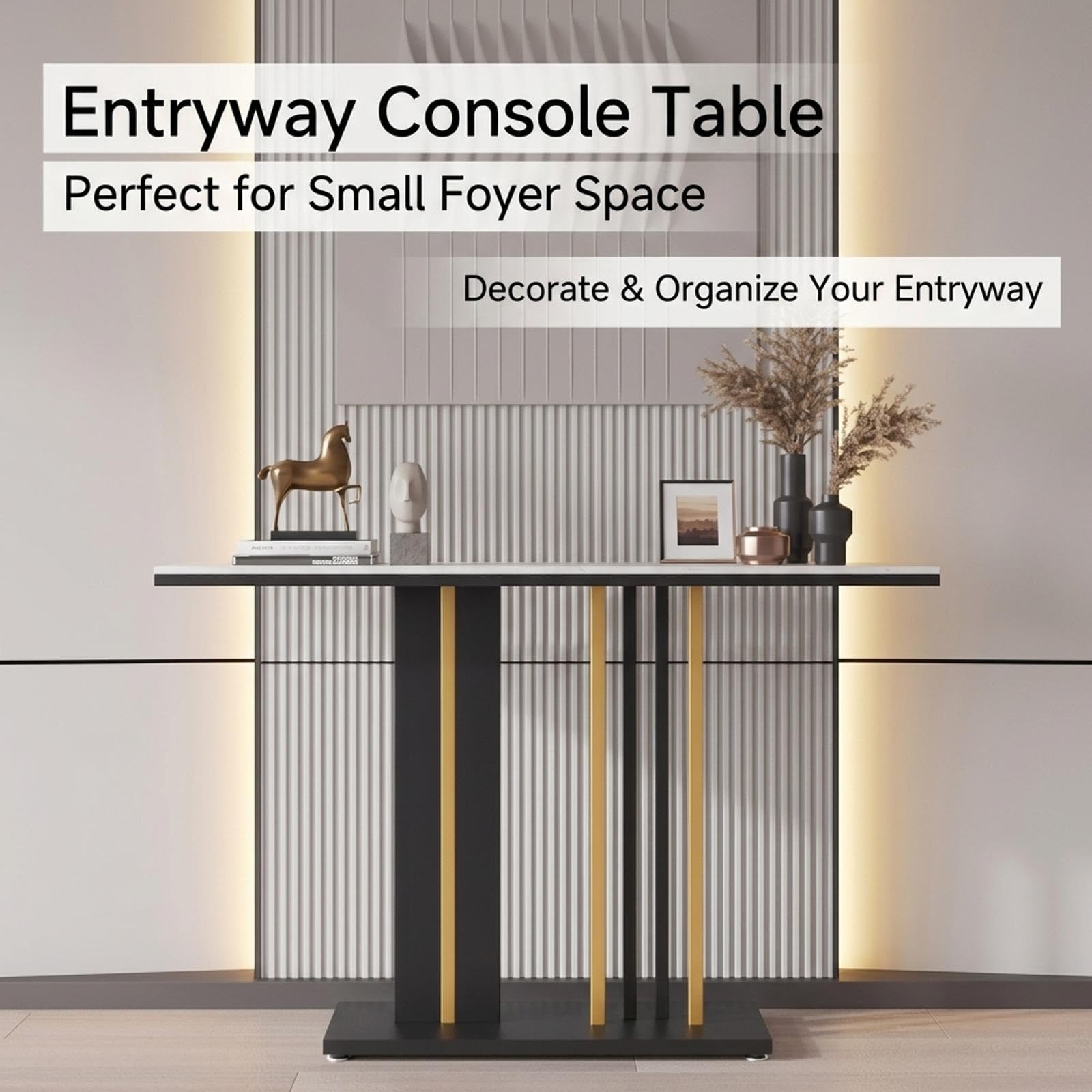 Console d'entrée Demi-Lune étroite en faux marbre avec structure métal
