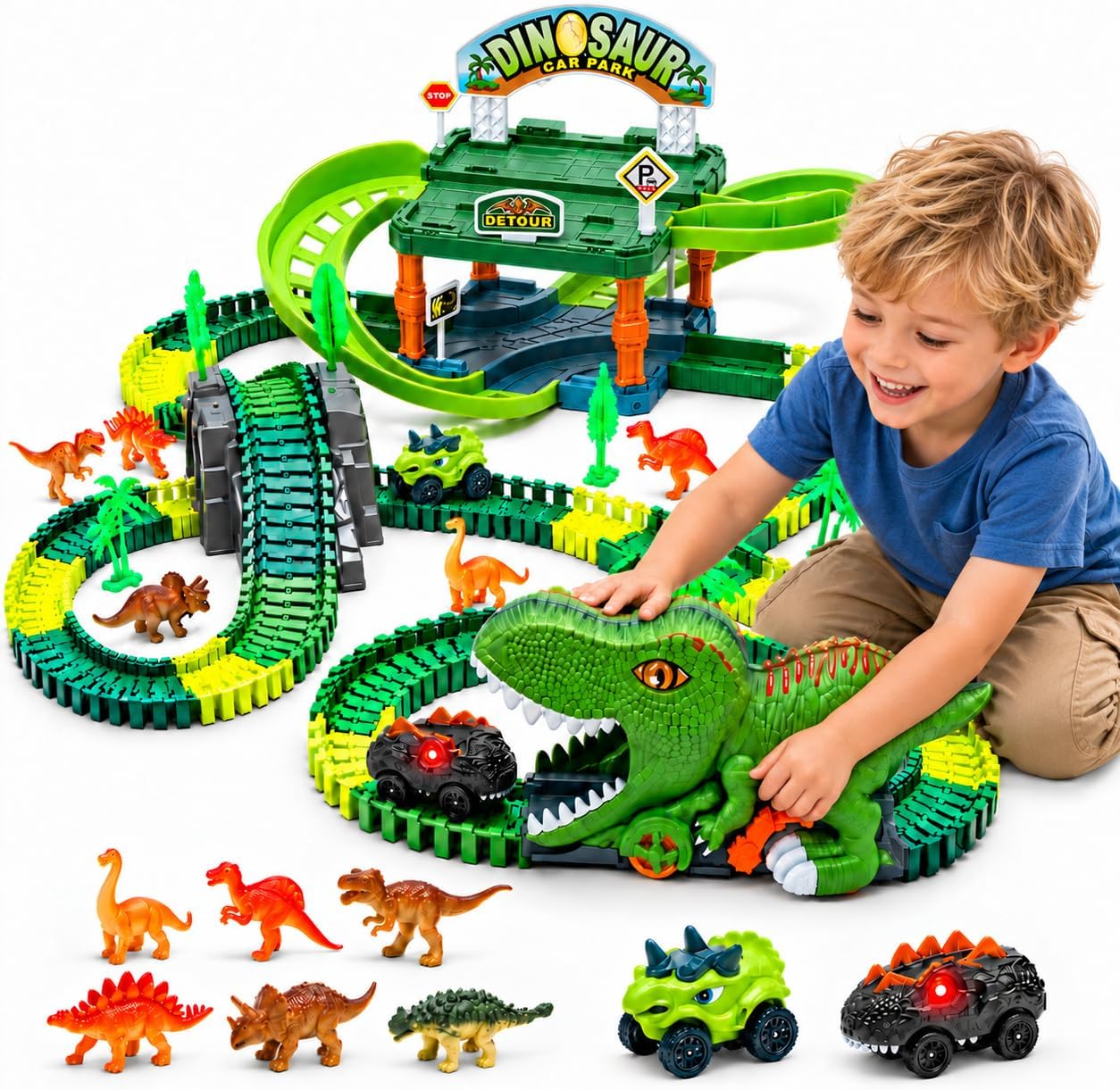 EagleStone 246 PCS Dinosaur Race Track with Double-Level Parking Garage