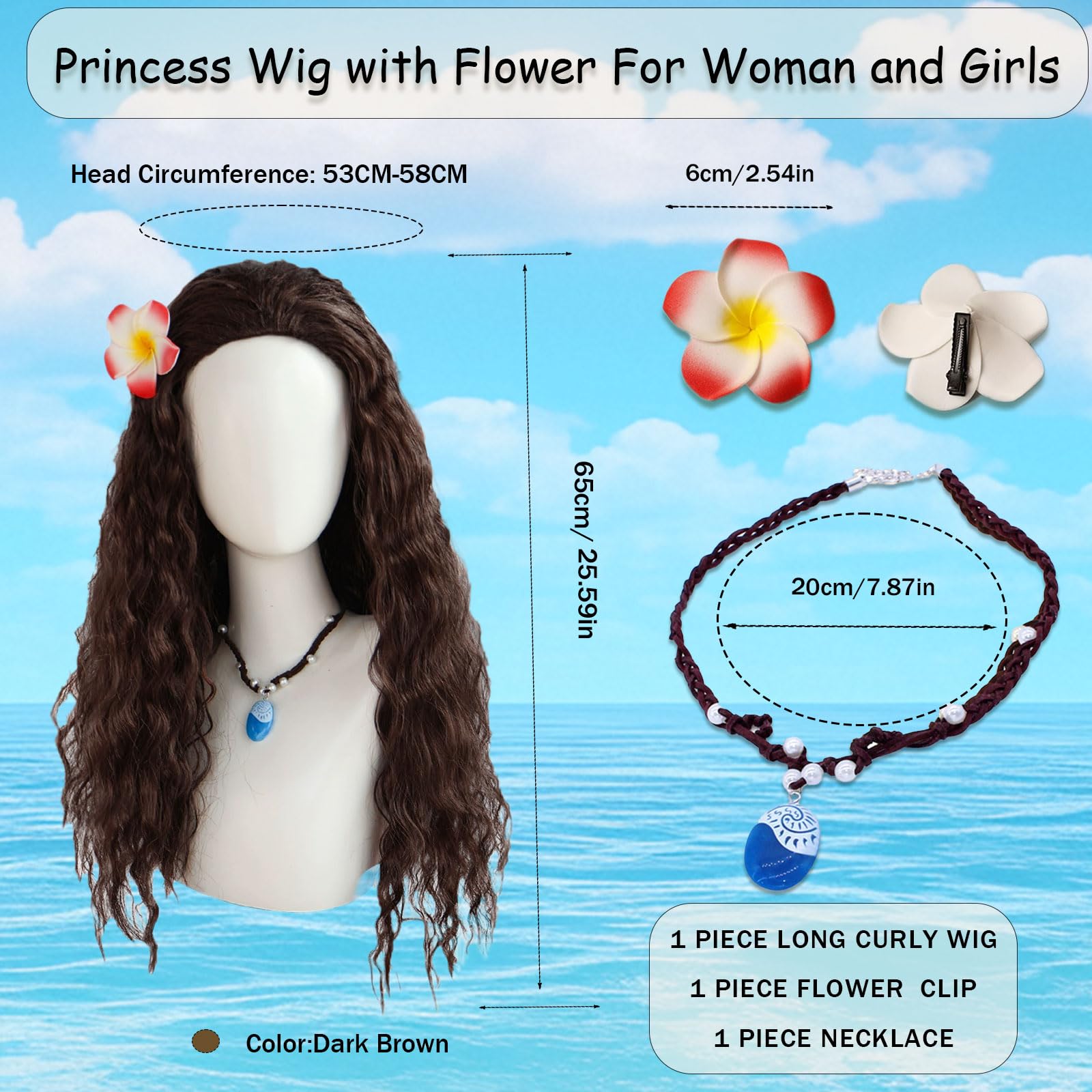 FOUNSHO Princess Wigs with Flower Clip and Necklace for Women Brown Long Curly Hair Wig Pretend Fancy Dress Up Halloween Costume for Cosplay Party (Brown) - Image 2
