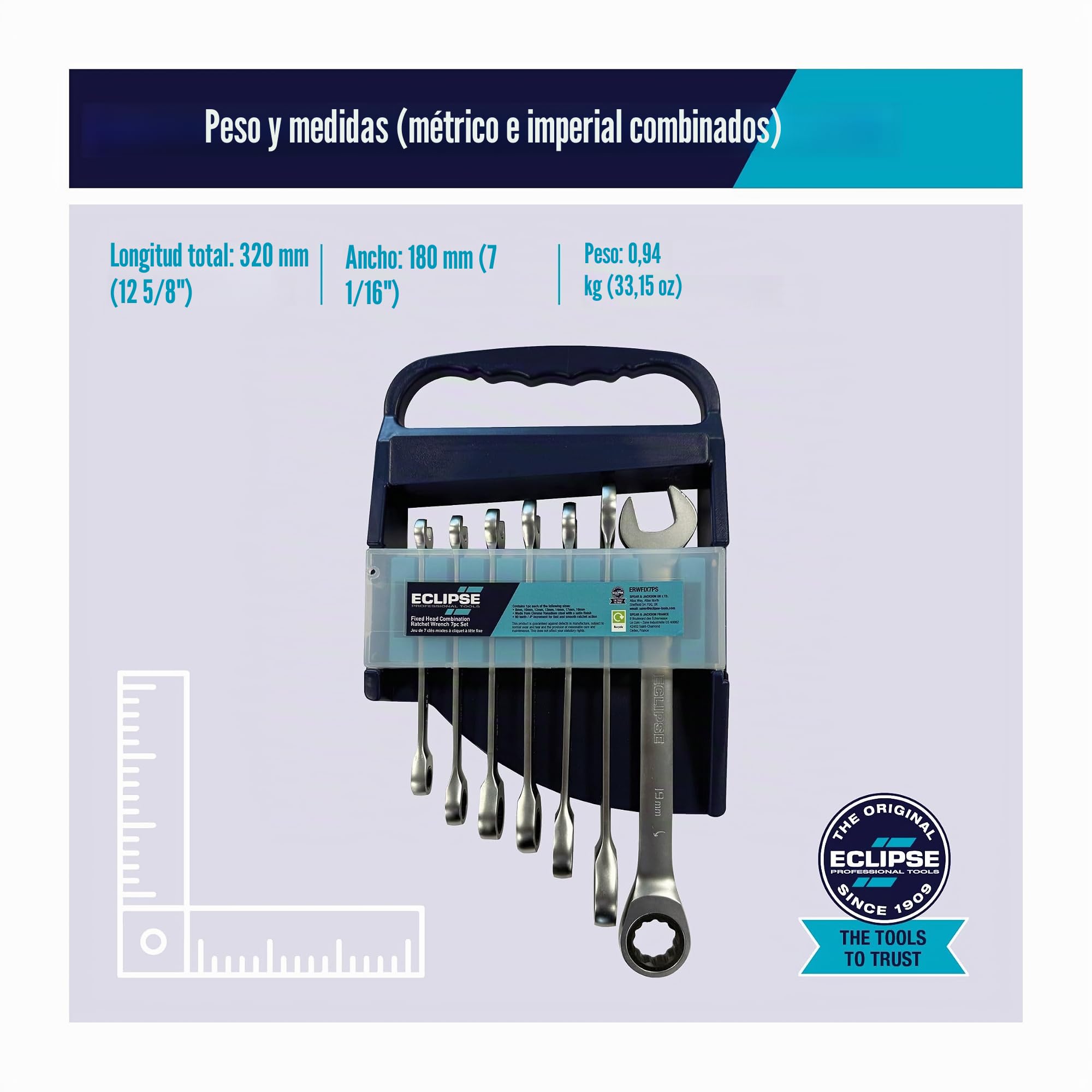 Eclipse Professional Tools ERWFIX7PS Juego de 7 Llaves Combinadas con Cabeza Fija y Carraca – 8–19mm, Acero Cromo Vanadio, 90 Dientes, Alto Par, Acabado Satinado, para Automoción y Mantenimiento