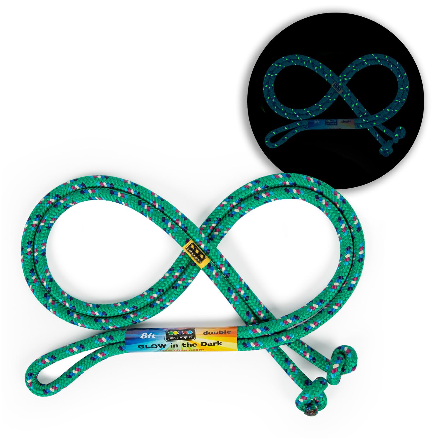 Just Jump It 8 Foot Glow in the Dark Jump Rope for Kids, Active Outdoor Youth Fitness Exercise Equipment, Braided Nylon Gym Accessories, Green