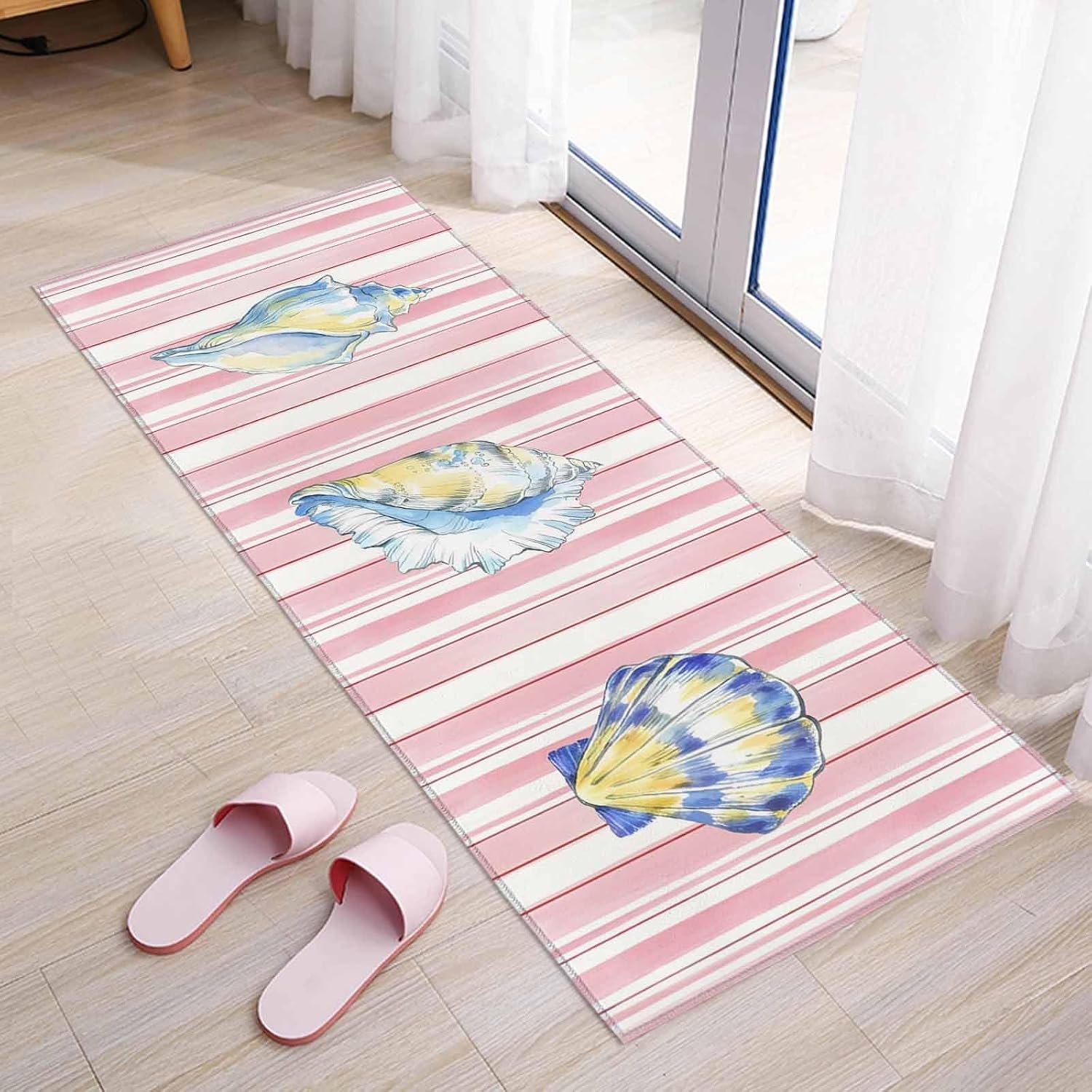 Teamery Kitchen Mats for Floor Watercolor Marine Conch Pink Stripe Washable Non Slip Kitchen Rugs 1PCS, Summer Ocean Theme Absorbent Standing Mats for Sink Bathroom Office Living Room 23.6x70.9in
