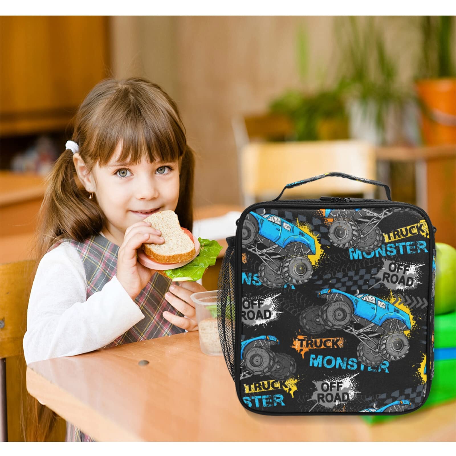 Pudełko na lunch dla dzieci chłopcy dziewczęta izolowana torba chłodząca na lunch Monster Truck ślad samochodu wielokrotnego użytku zestaw na lunch do szkoły podróży