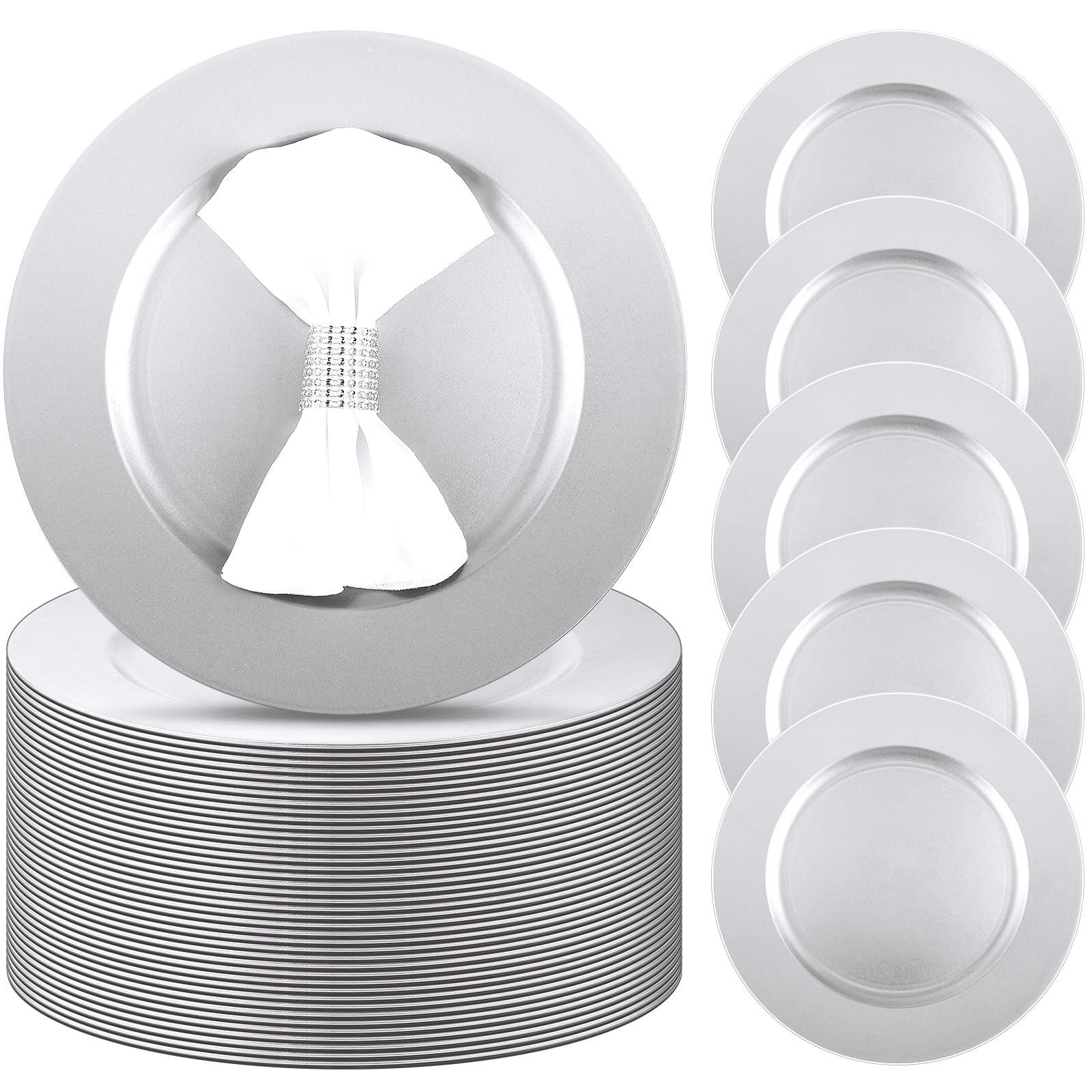 tanlade 50 pcs 13 inch charger plates bulk round wedding chargers plastic plate chargers dinner charger plates for table setting wedding party decoration (silver white)