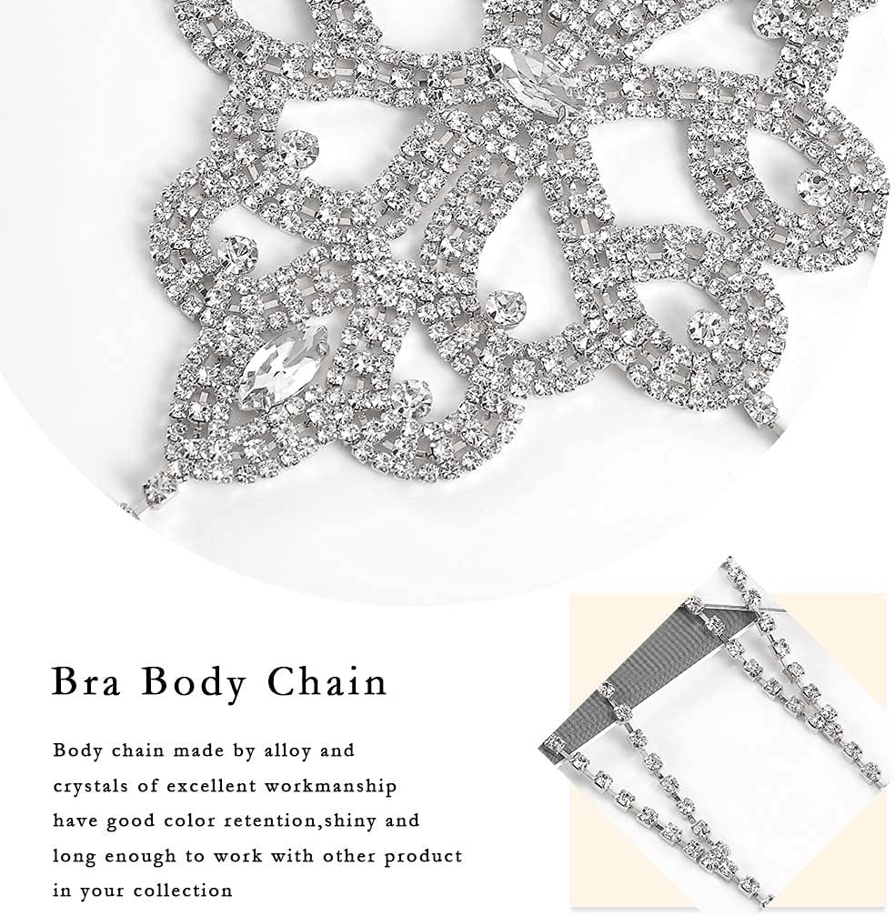 Graeen Crystal Bra Chains Rhinestone Bra Top Flower Chest Chain Silver Body Chain Nightclub Body Jewelry for Women (A) - Image 6
