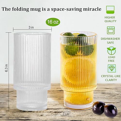 Miniatura 3 de Vasos de cristal acanalados vintage  11 onzas de cristal vintage apilables estilo origami vasos de vidrio con rayas verticales estriadas vasos de