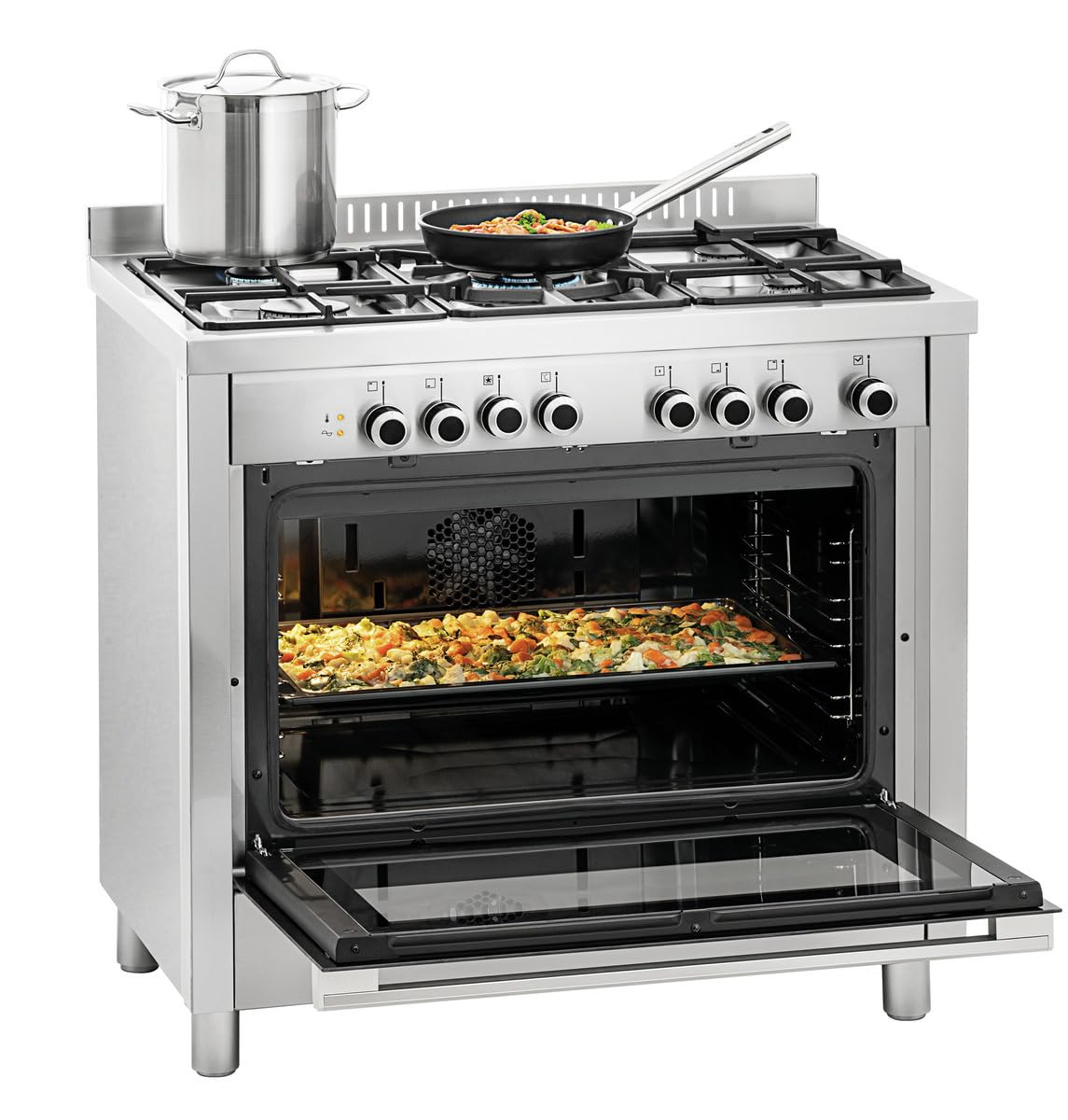 MBH - Cucina industriale a gas con forno per ristorazione. Cucina professionale a 5 fuochi a gas con forno elettrico per bar e ristorante.