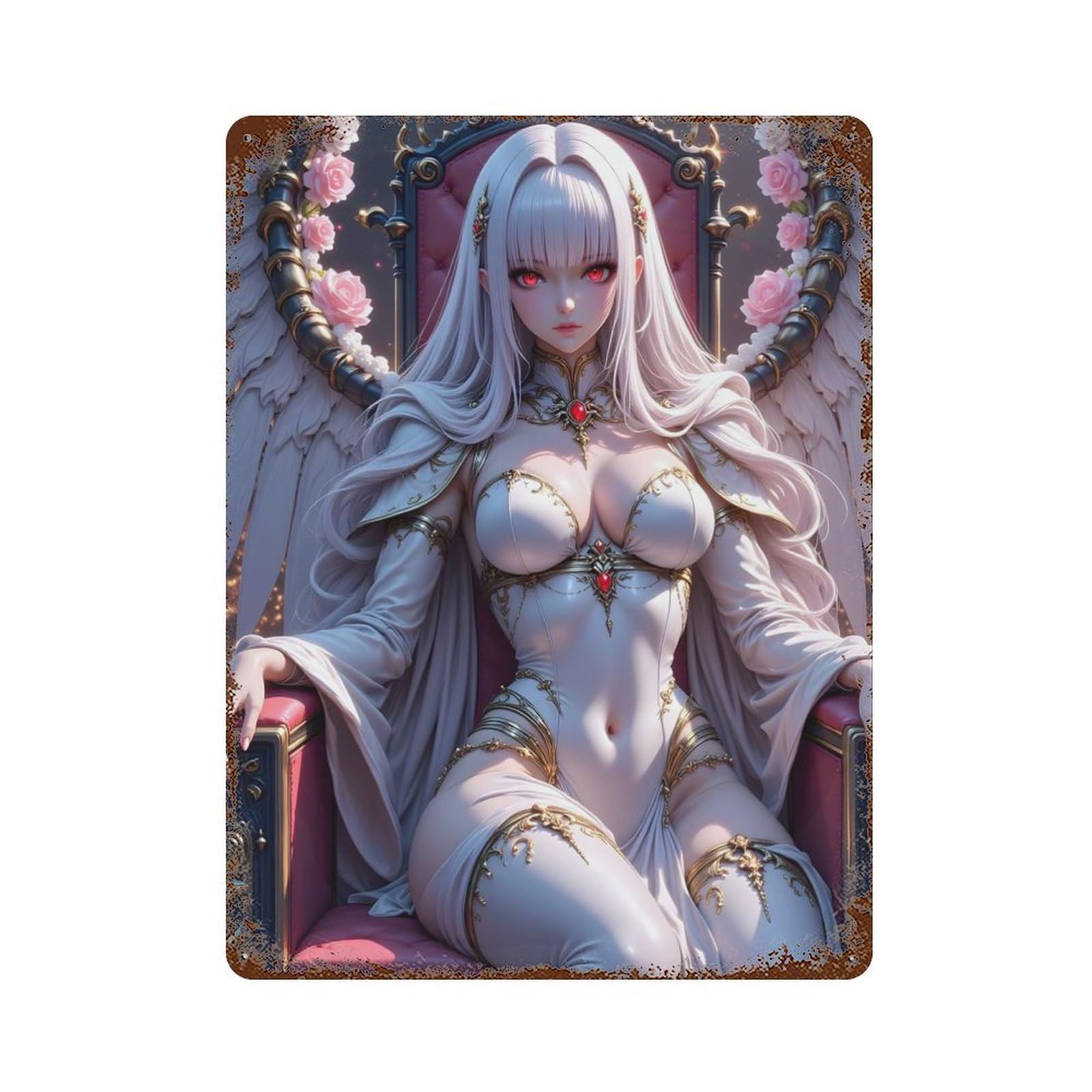 Anime Angel on Throne with Roses 15.7"x11.8" Retro Metal Sign, Old School Wall Decor for Office, Studio And Wall Decor