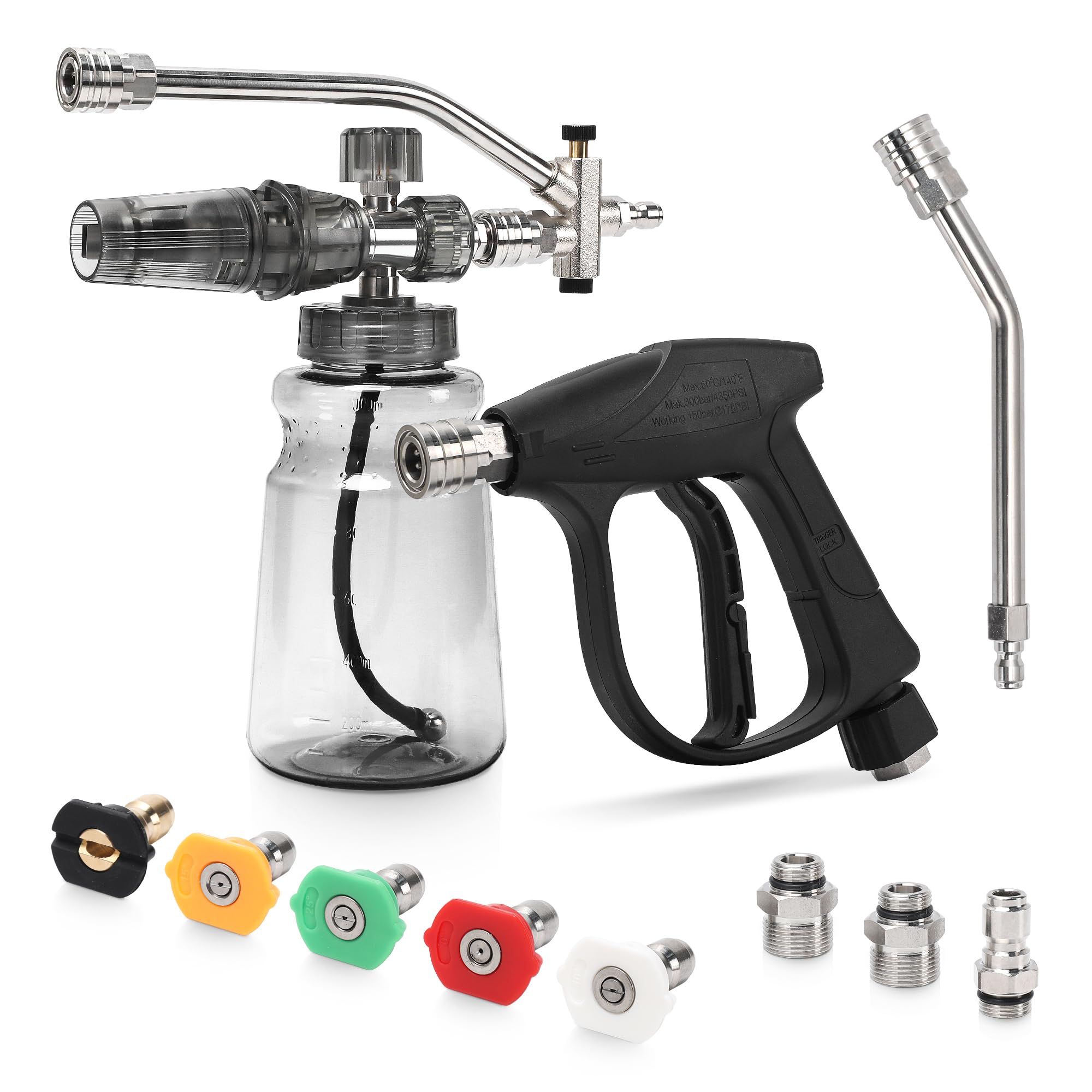 Kit de cañón de espuma para lavadora a presión, pistola de espuma de nieve de doble conector con pistola de pulverización, 5 puntas de boquilla, varillas curvadas, conexión rápida giratoria de