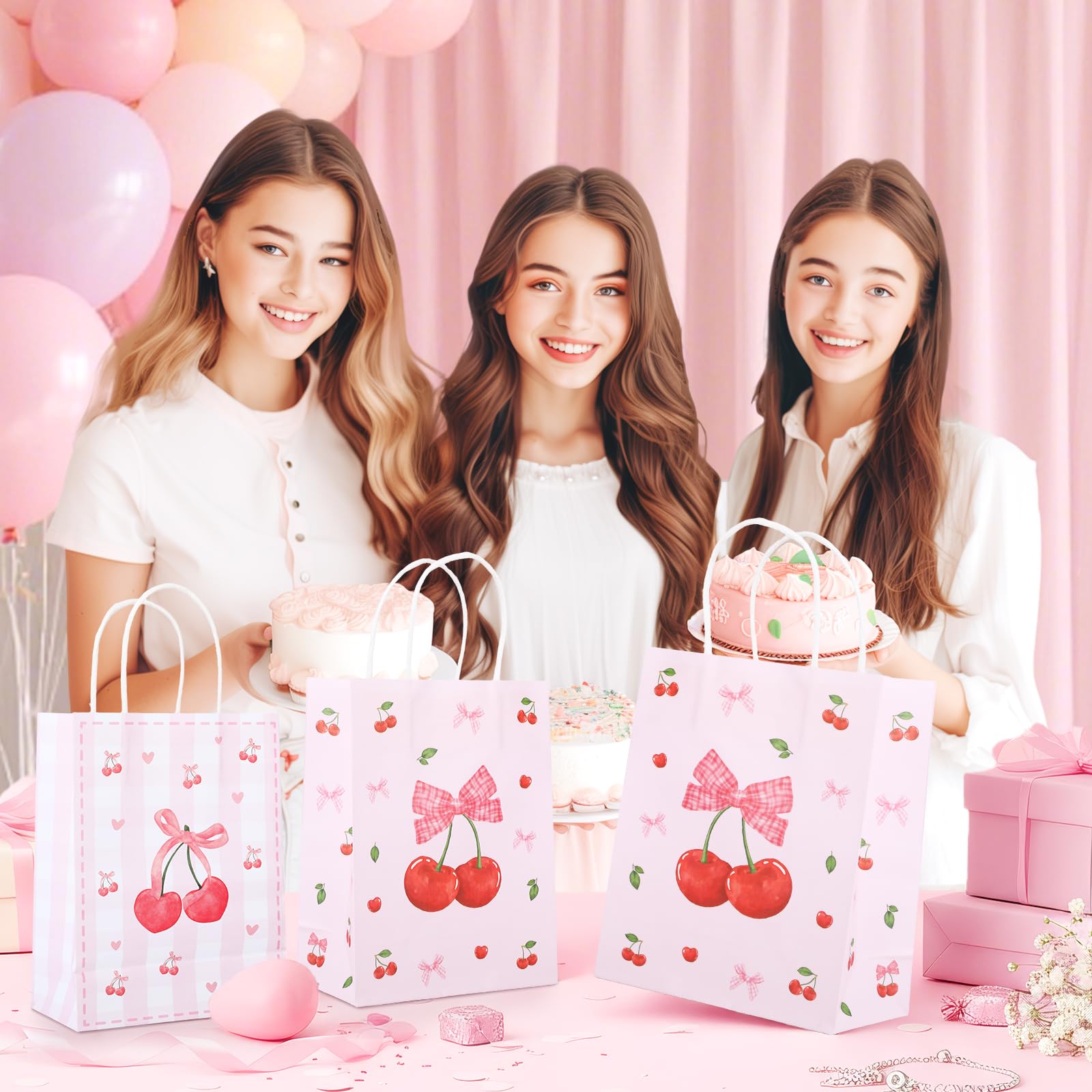 12pcs Pink Bow Gifts Bag for Women Party Favor Pouch Cherry Themed, Coquette Bow Goodie Paper Pocket with Handles, Wedding Gifts Bag Bridal Shower Birthday Party Decoration Supplies Baby Shower