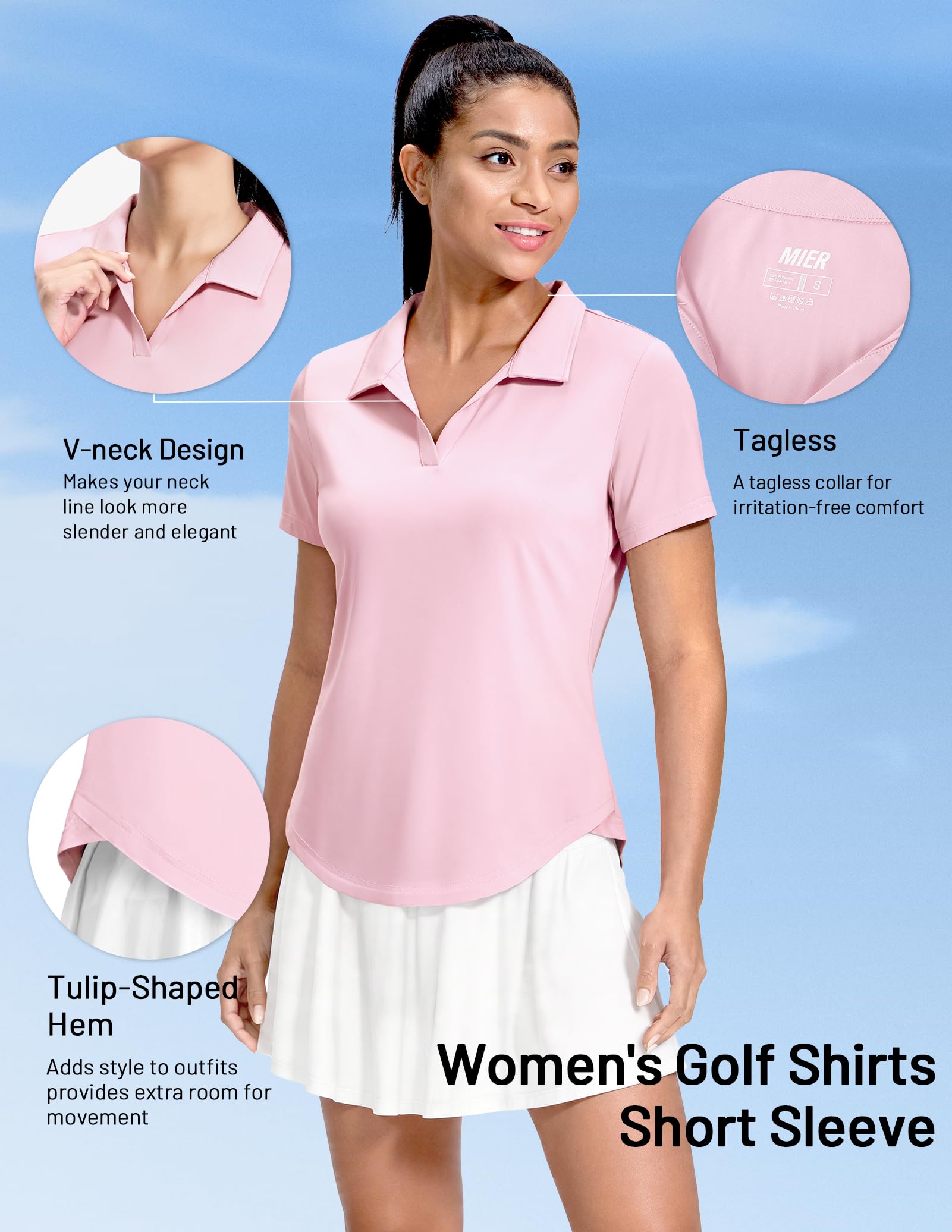 MIER Camisas polo para mujer, cuello en V, manga corta, golf, tenis, secado rápido, suaves, UPF 50+, camisetas activas, ligeras