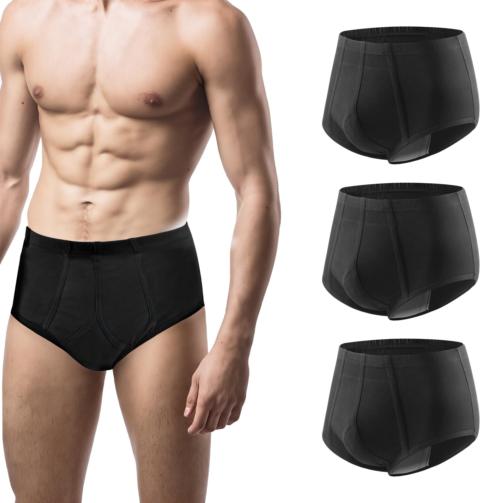 Carer 3-Pack Mens Incontinence Pants Reusable Washable Cotton Briefs with Absorbent Pad 200ML Urine Volume Leak Proof for Daily Use Travel & Post Surgery Black XXL Size