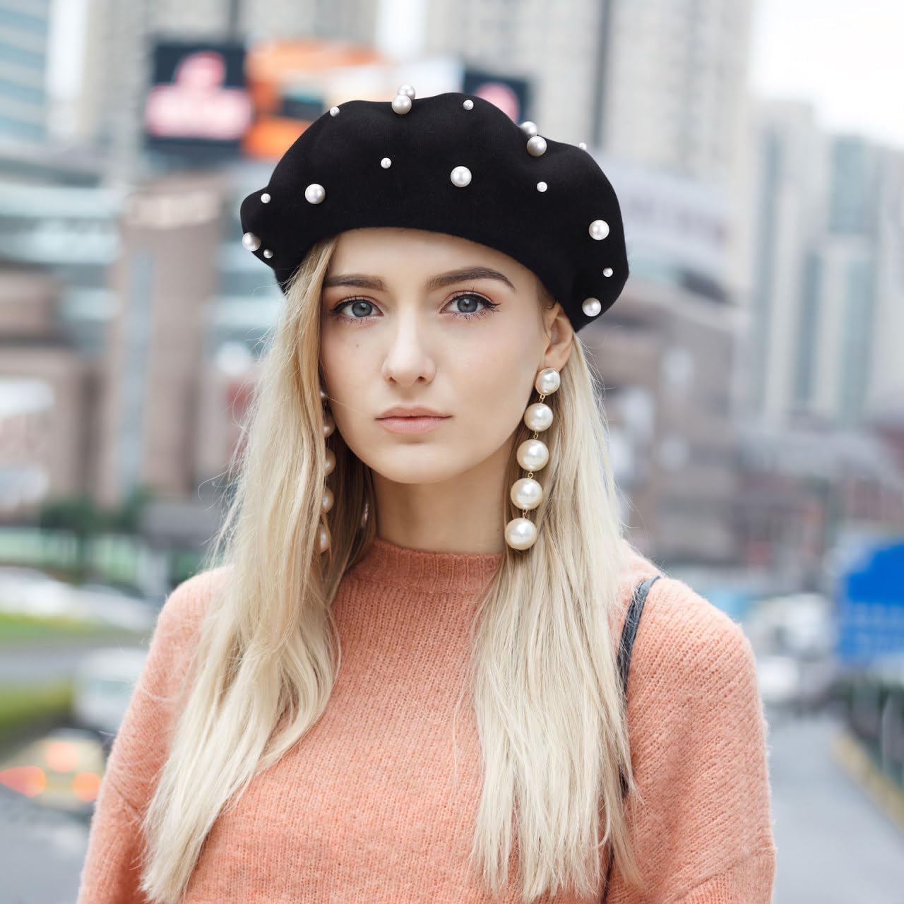 Black Beret Hats for Women Classic Pearl Wool French Beret Hat for Women Girls Elegant Fall Outfit Party Travel Winter Accessories - Image 9