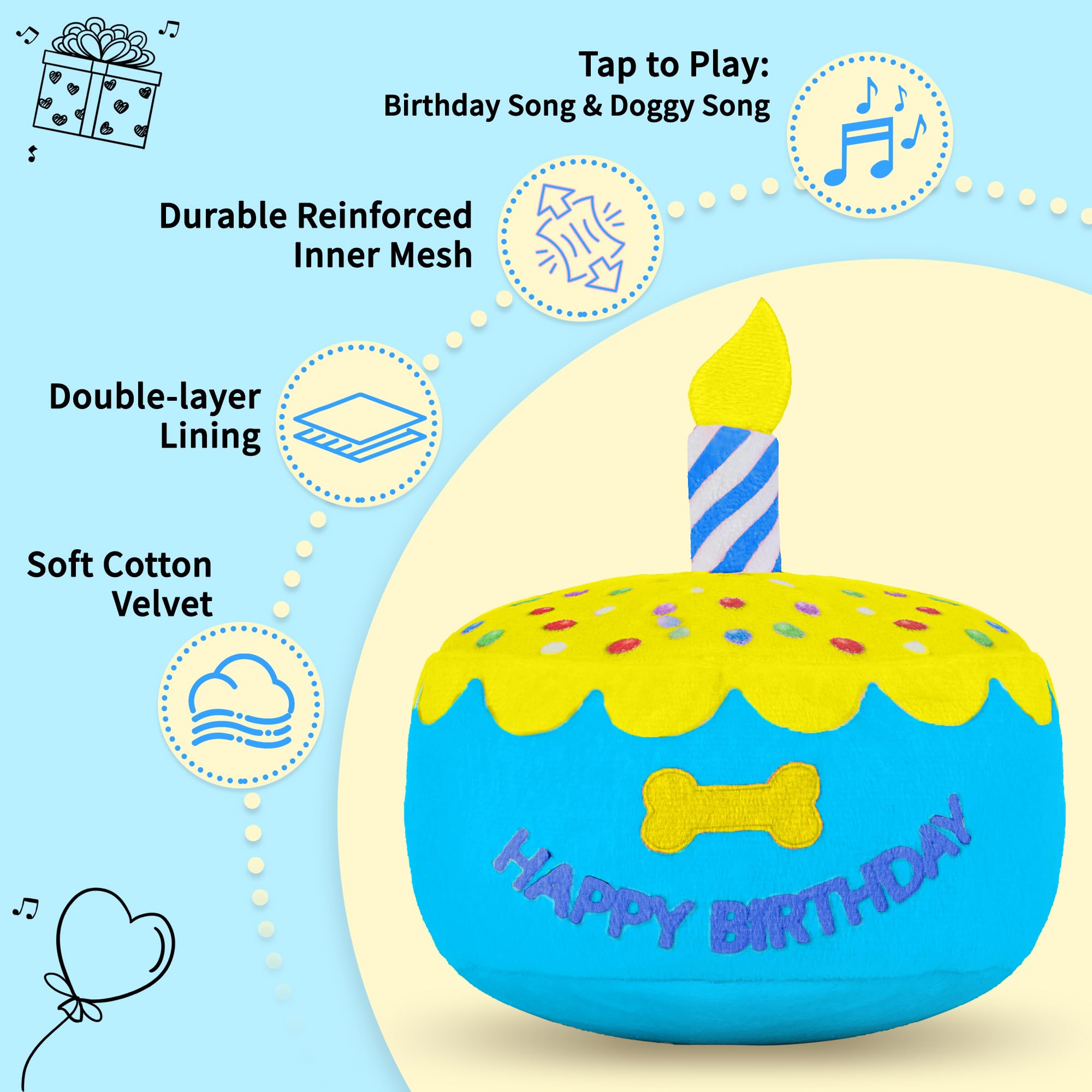 Zabawka dla psa, tort urodzinowy 15 cm, większy, pluszowy prezent dla psa, z elektroniczną pozytywką, gra 'Happy Birthday' piosenka i melodia szczeka, dekoracja imprezowa dla wszystkich