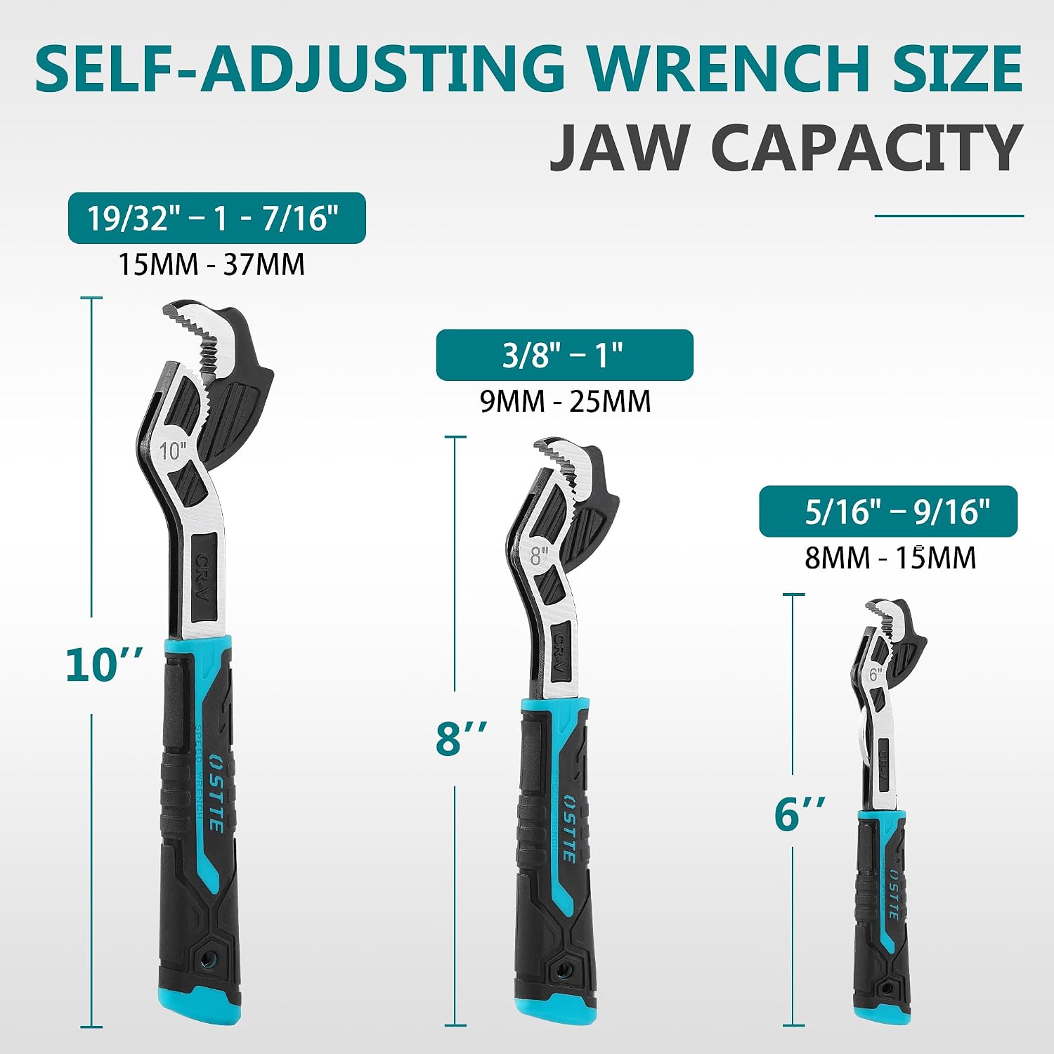 3-Piece Pipe Wrench Set 6" 8" 10", Self-Adjusting Plumbers Wrench