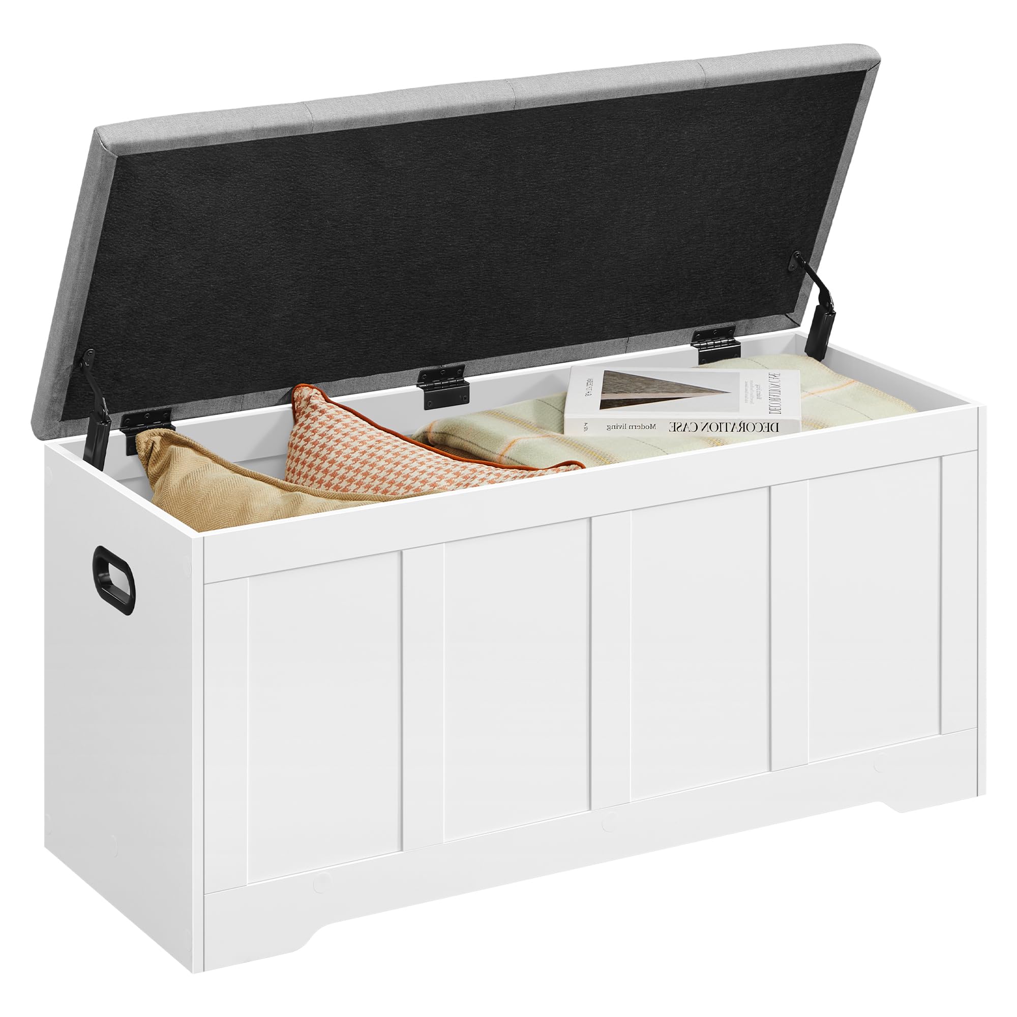 VASAGLE Banco Arcón con Tapa, 2 Bisagras de Seguridad, Banco Zapatero, Estilo Rústico, para Recibidor, Dormitorio, Salón, 41 x 101 x 49 cm, Blanco Mate y Gris Paloma LSB068W101