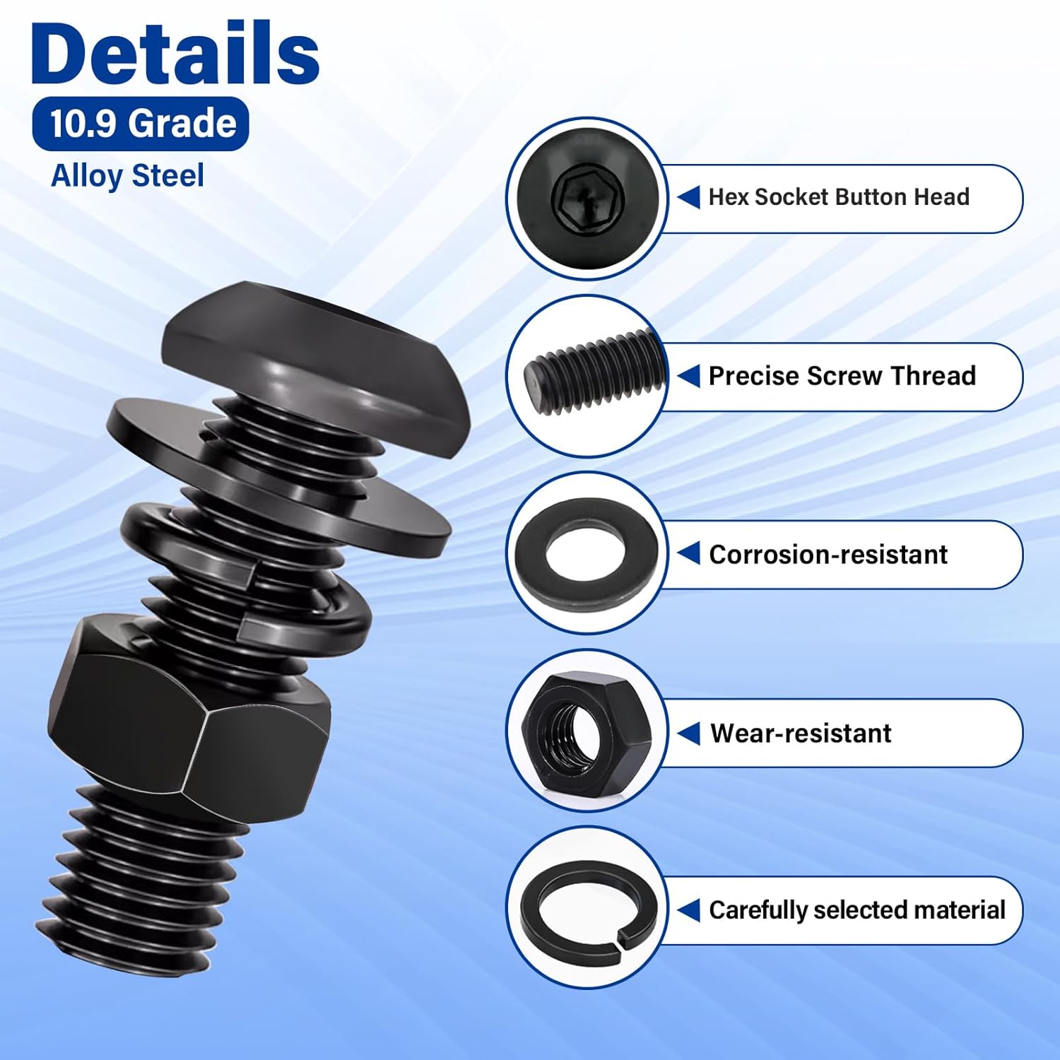 2000PCS Metric Screws Assortment Kit, M2 M3 M4 M5 Bolts and Nuts with Lock and Flat Washers, 10.9 Grade Alloy Steel Metric Bolt Assortment Kit