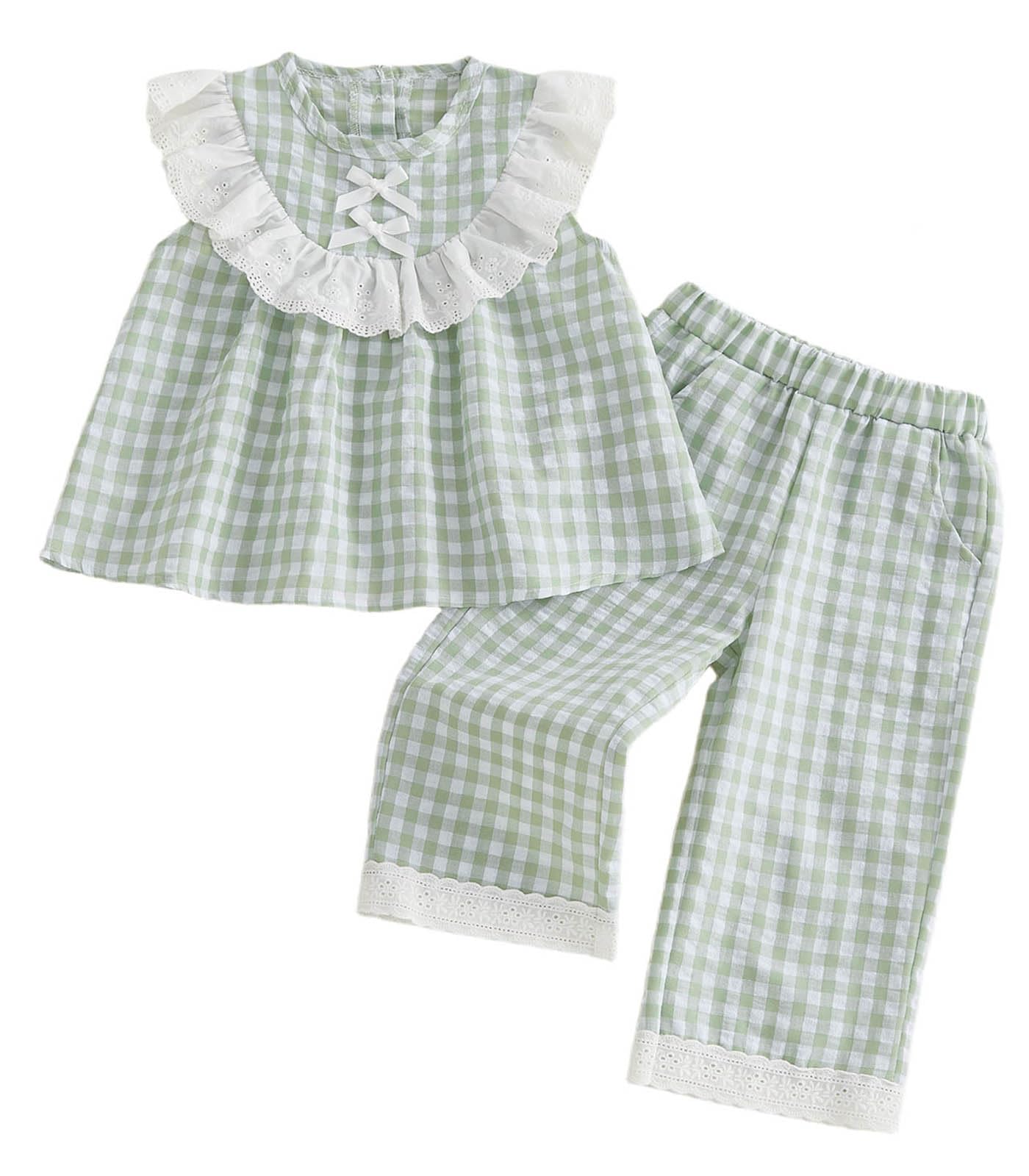 Toddler Baby Girl Clothes Summer Spring Baby Outfit Plaid Frill Trim Plaid Tank Tops Pants 12 18 24 Month 3T 4T