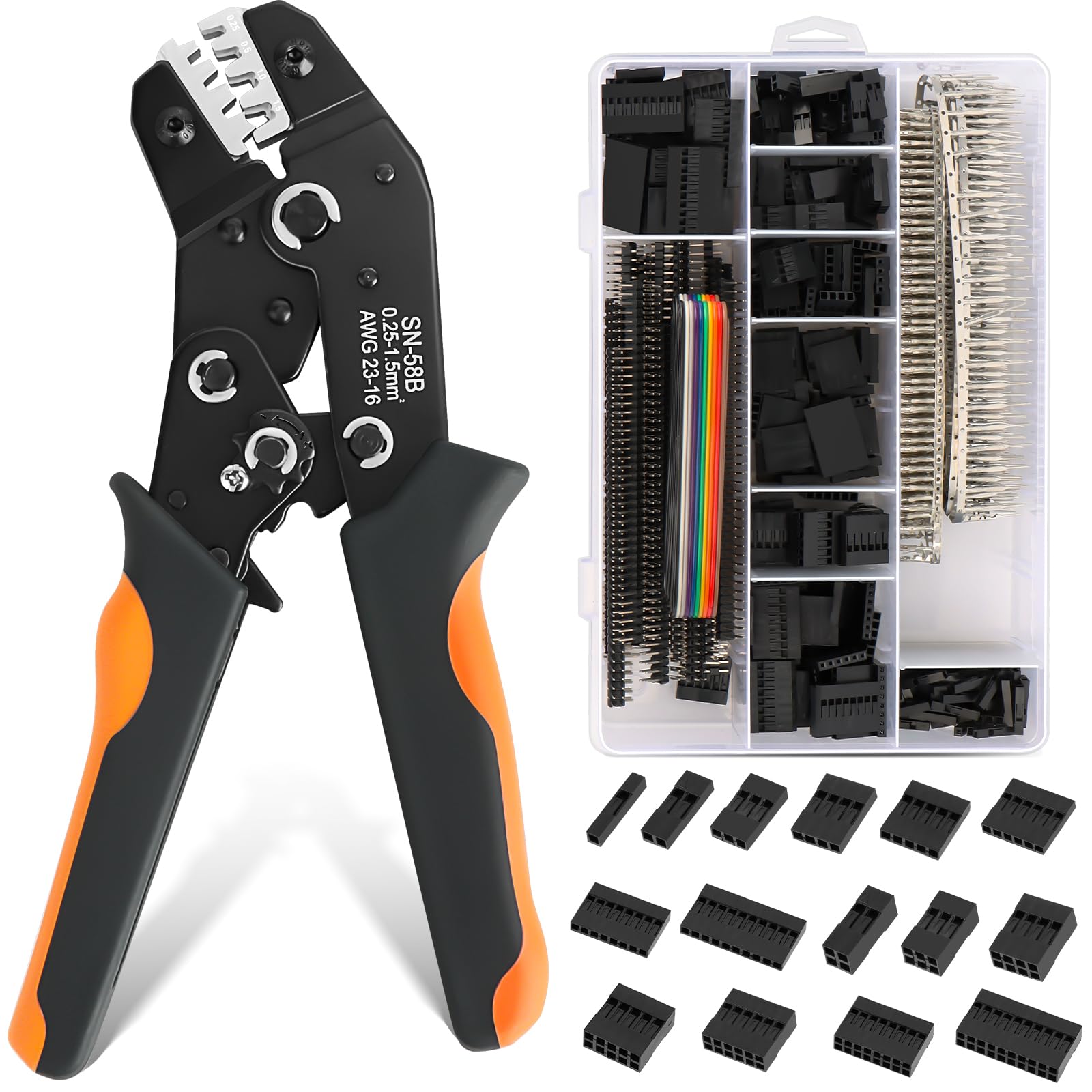 Pinza a Crimpatrice Set di Connettori Dupont, 2320 Pezzi Connettori Perni Machio/Femmina 2,54 mm, AWG 23-16 (0,25-1,5 mm²) Pinza Crimpatrice Capicorda Compatibile Con JST, AMP, Molex, Futaba