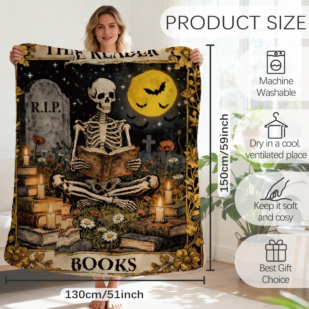 GLOBLELAND Magic Skeleton Reading Throw Blanket 59 x 51 Mysterious Night Tomb Tarot Throw Blankets Magical Theme Reader Books Blanket for Home Sofa Travel Adult Women Comfort Warmth Soft Cozy