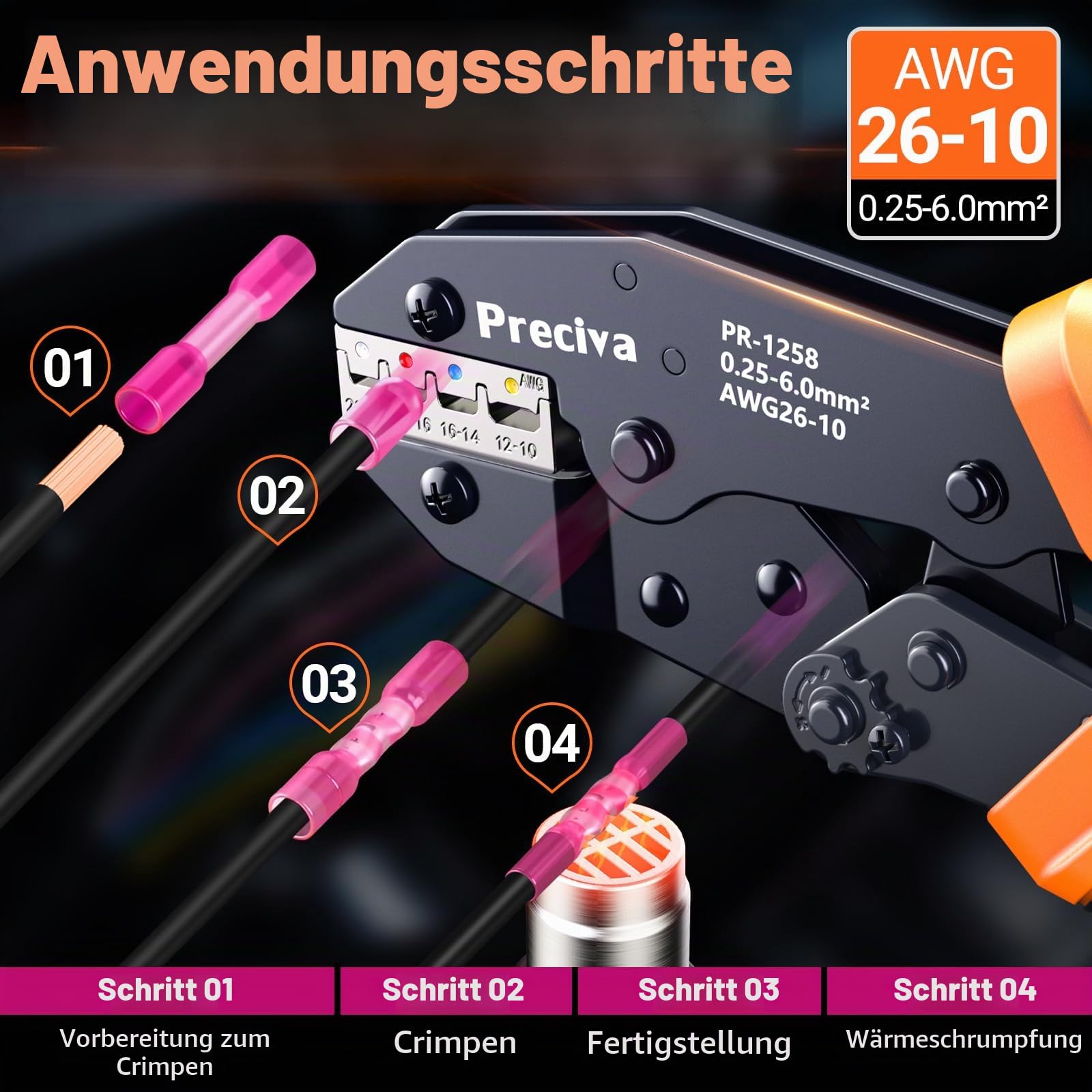 Preciva Crimpzange Kabelverbinder Set, Kabelschuhzange 0.25-6mm² mit Aufbewahrungsbox, Abisolierzange und 200 Stück Schrumpfverbinder