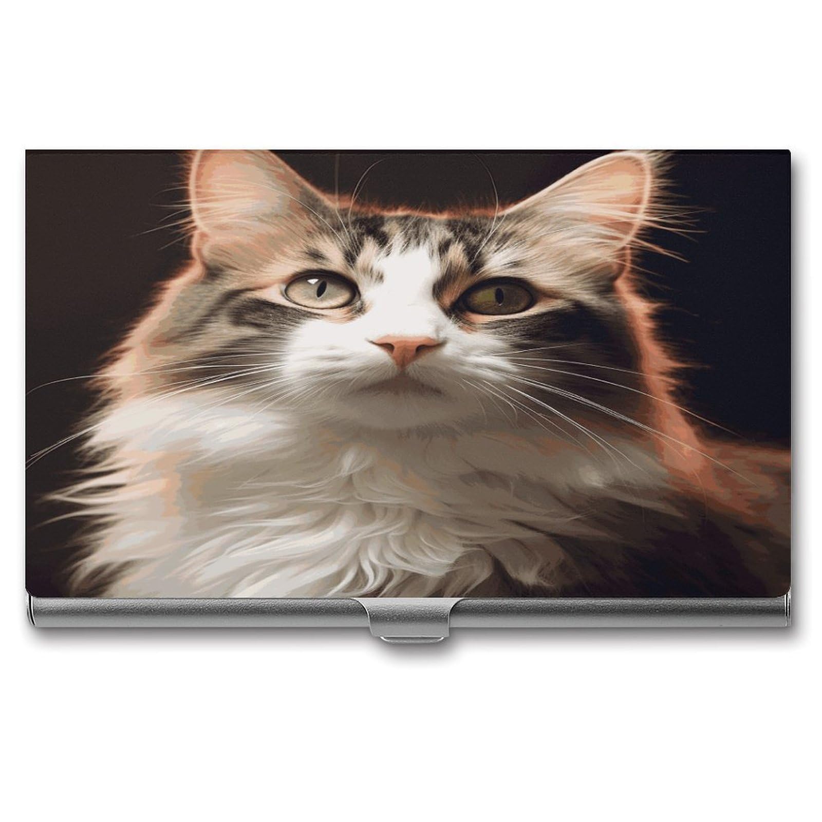 FekiLoot Cat Business Card Holder for Men & Women Professional Stainless Steel Business Card Case Large Capacity Slim Purse Name Cards Holders Buckle Style Shut
