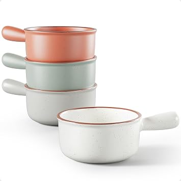 Ceramic Soup Bowls with Handles Set of 4, 15oz Stackable French Onion Crock