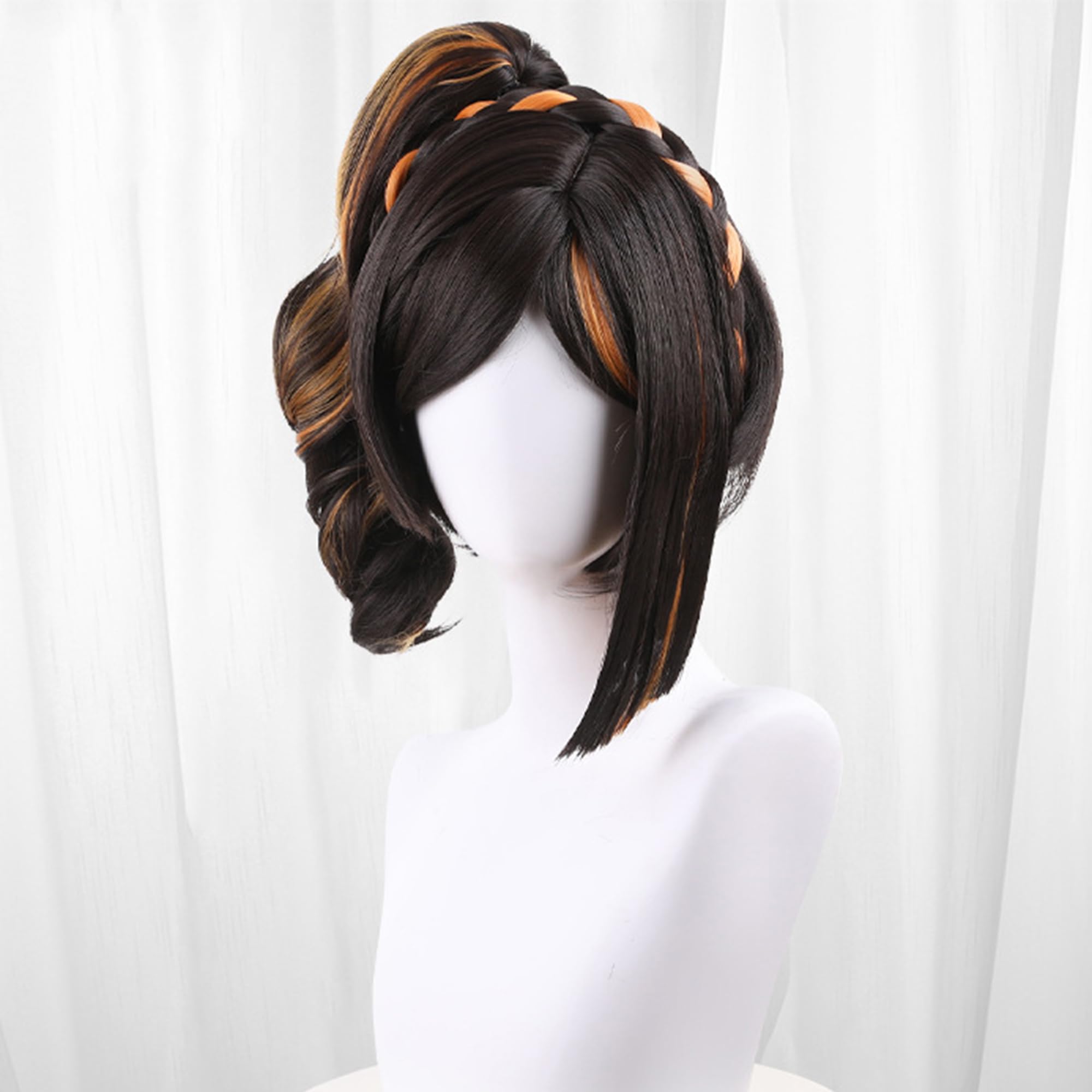 Brown Mix Orange Curly Pigtail With Bangs Heat Resistant Synthetic Hairs for Women Halloween Cos Anime Party Replacement Wigs - Image 2