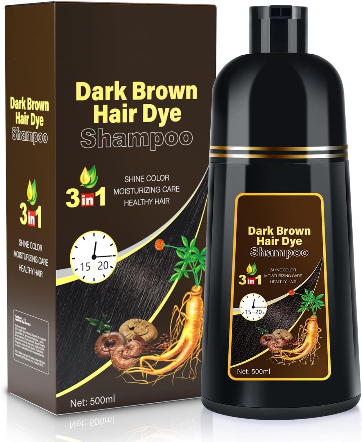 Cosmpro Dark Brown Natural Hair Dye Shampoo 3 in 1, 16.9 Fl Oz/500 ML, Semi-Permanent Gray Hair Coverage, Unisex, Natural Ingredients,