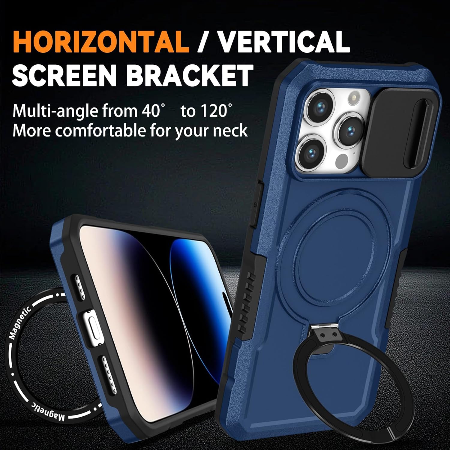 Phone Case for iPhone 14 Pro Max, with Magnetic Ring Stand [2X Glass Screen Protector] [Compatible with MagSafe] Military Grade Case with Camera Cover, Shockproof Cover for iPhone 14 ProMax, Blue image 3