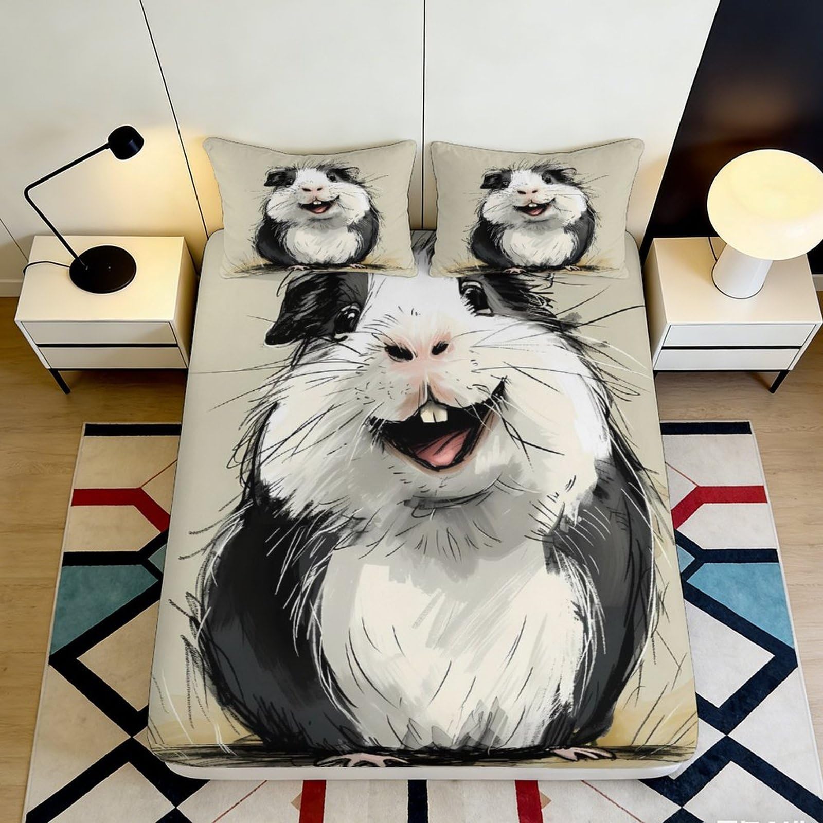 3D Printed Guinea Pig Fitted Sheet Microfiber Animal Cartoon Bed Cover for Bedroom Dorm Mattress Protection Decor 90x200x25cm