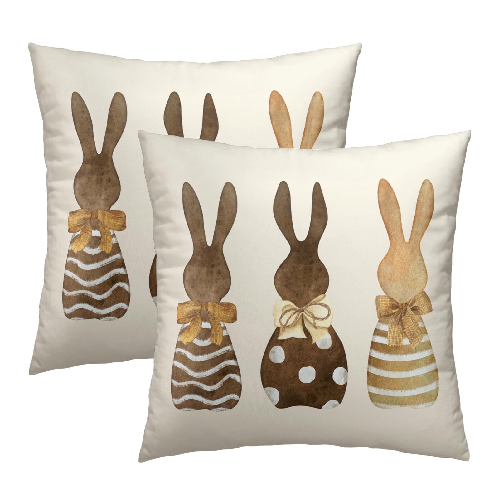 Happy Bunny 22x22 Inch Pack of 2 Colorful Rabbit Beige Cushion Pillow Cases - Square Cotton Spring Pattern Pillowcase for Easter Party, Bed, Sofa, Car, Bedroom, Outdoor