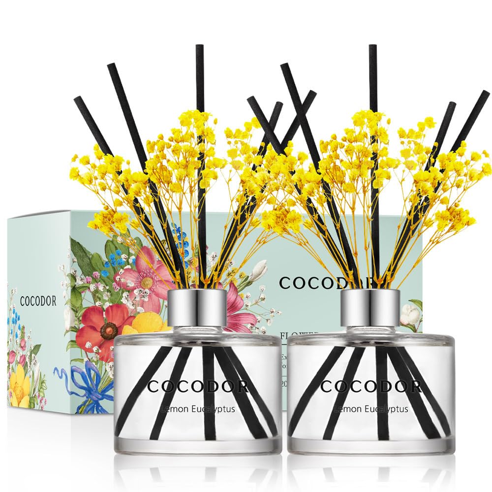 COCODOR Preserved Real Flower Reed Diffuser/Lemon Eucalyptus / 6.7oz(200ml) / 2 Pack/Reed Diffuser Set, Oil Diffuser &amp; Reed Diffuser Sticks, Home Decor &amp; Office Decor, Fragrance and Gifts