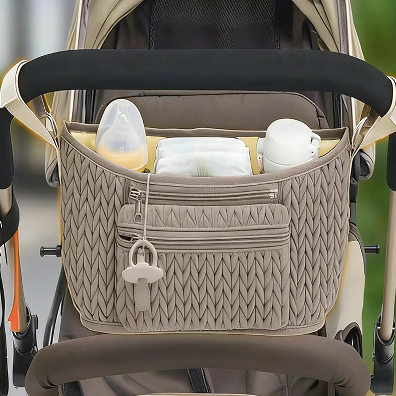 Stylish Pushchair Hanging Bag with Multiple Section for Bottles Diapers and Belongings Water Resistant Polyester