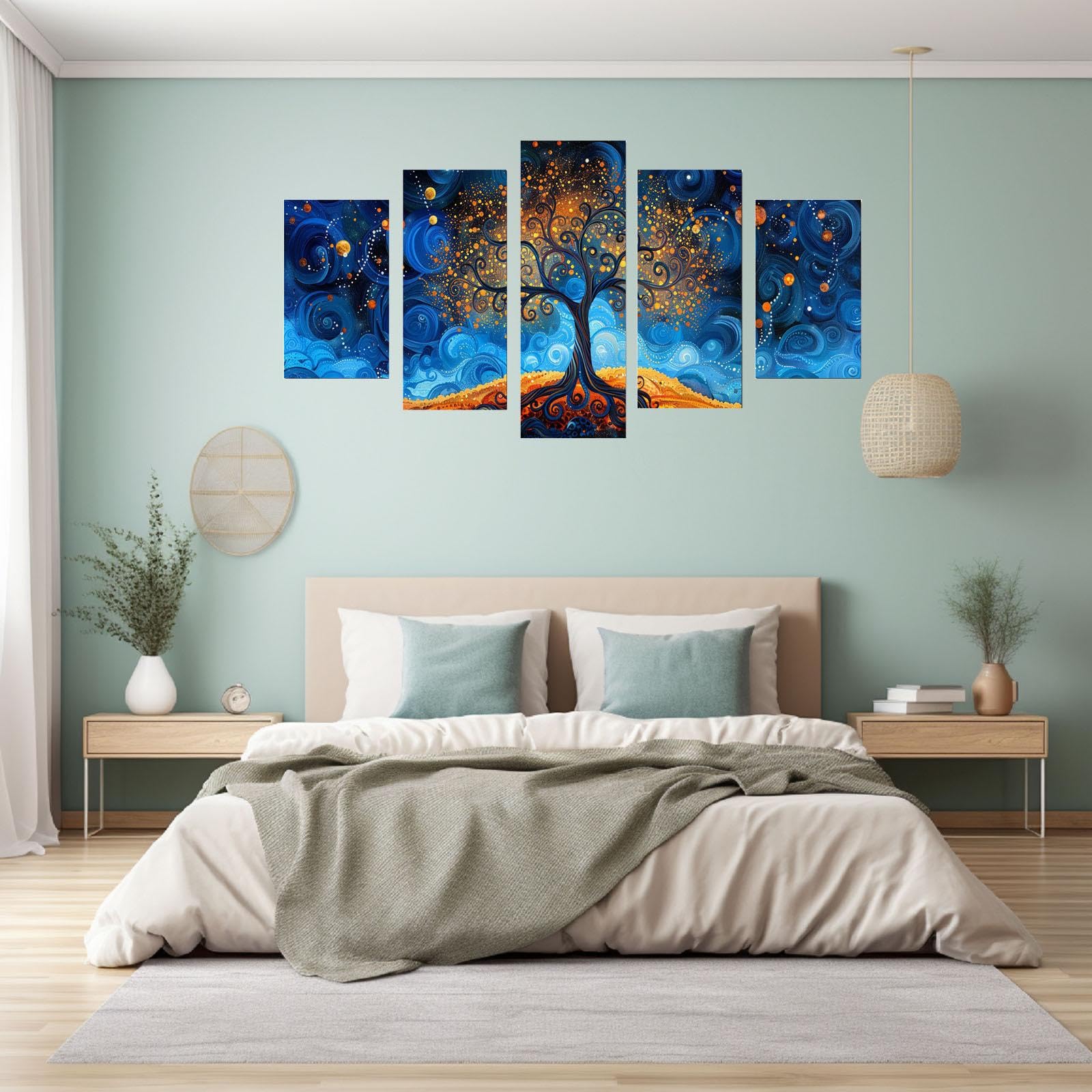 JOSUE Set de 5 áRbol De La Vida Cuadros Lienzo Árbol abstracto Cuadros BañO Lienzo,Azul, amarillo Cuadro Cartel Sala De Estar Cuarto De BañO Comedor Decorativos-60x125cm Enmarcado