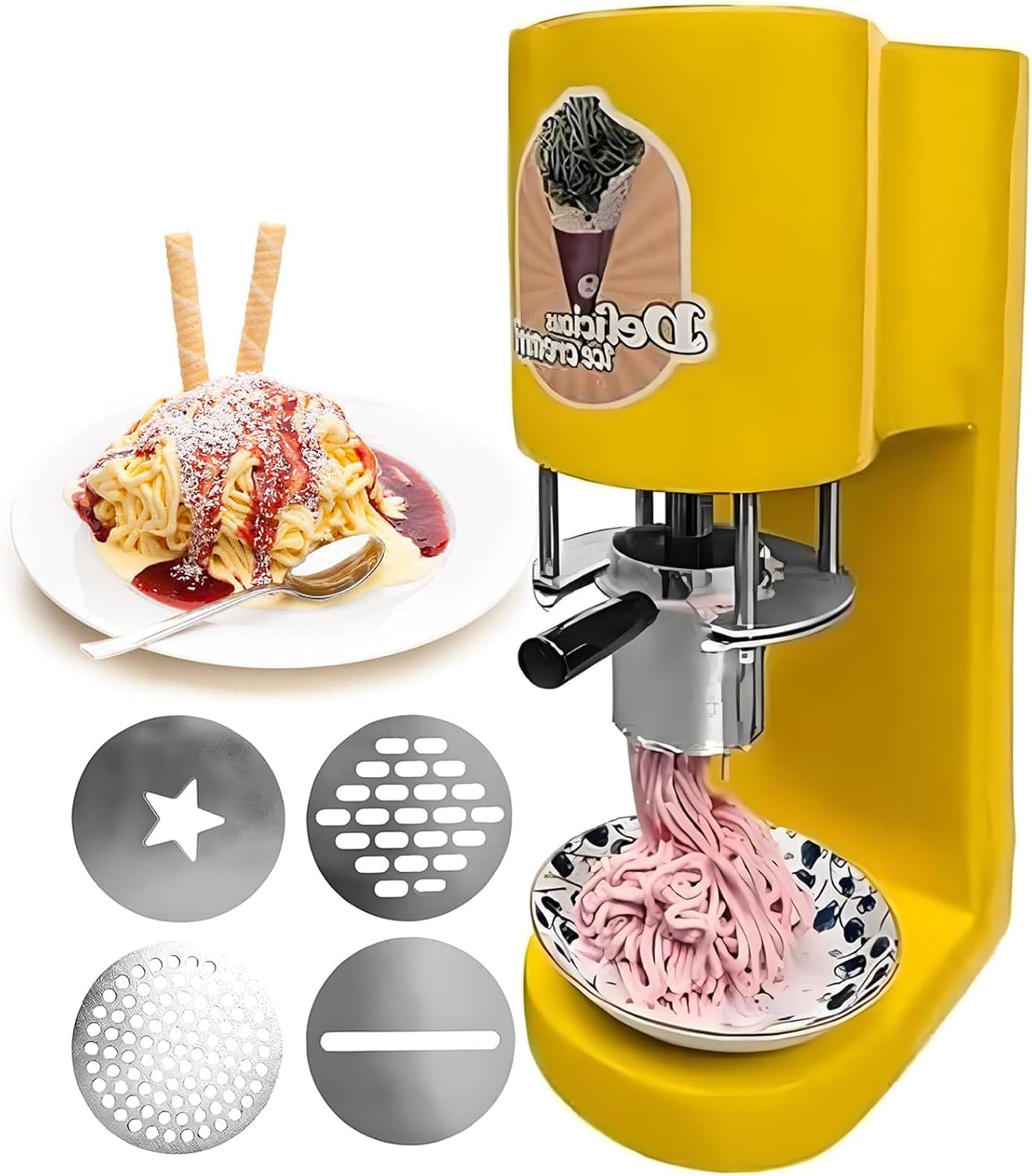 Maszynka do lodów spaghetti - pojemność 420 ml, 4 zabawne kształty, obsługa jednym dotknięciem, idealna na imprezy, bankiety i catering - żółto-żółty