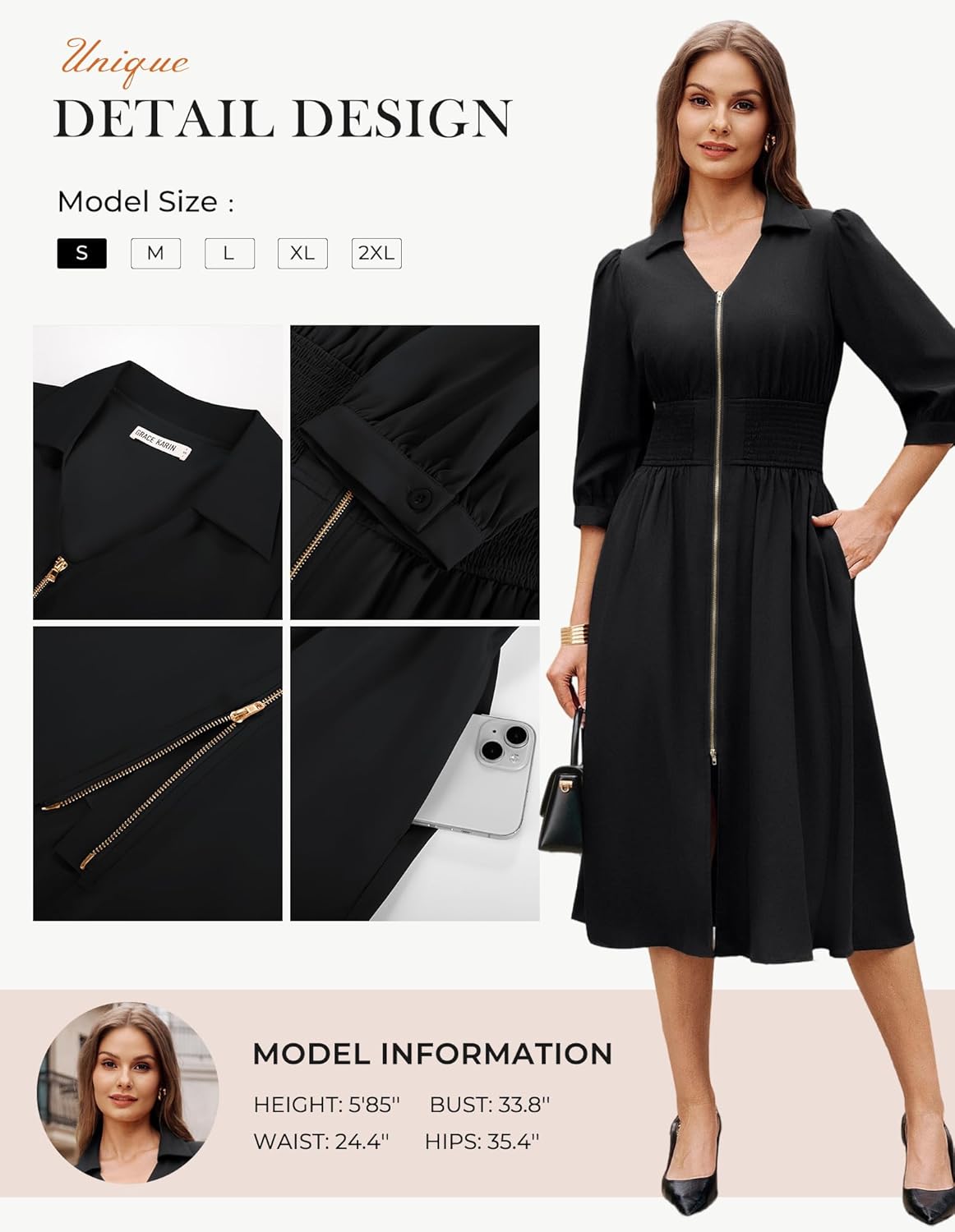 GRACE KARIN Womens Summer Midi Dress 2026 A Line Business Office Work Dresses Fit and Flare 3/4 Sleeve Dress with Pockets - Image 6
