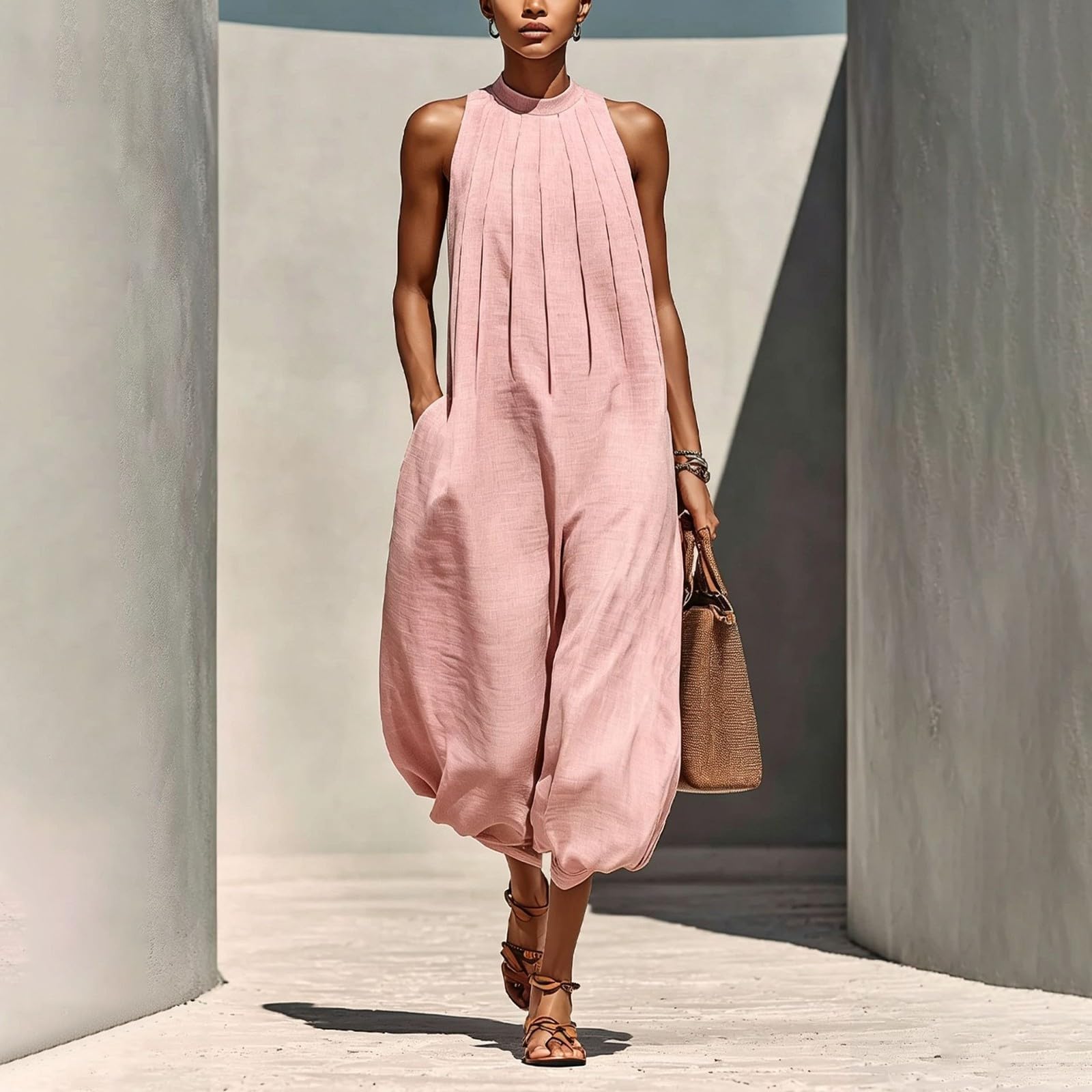 Generisch Tuta estiva da donna, lunga, a gamba larga, elegante | Tuta con pantaloni, senza maniche, spalle scoperte, oversize, con tasche, pagliaccetto alla moda per matrimoni e feste