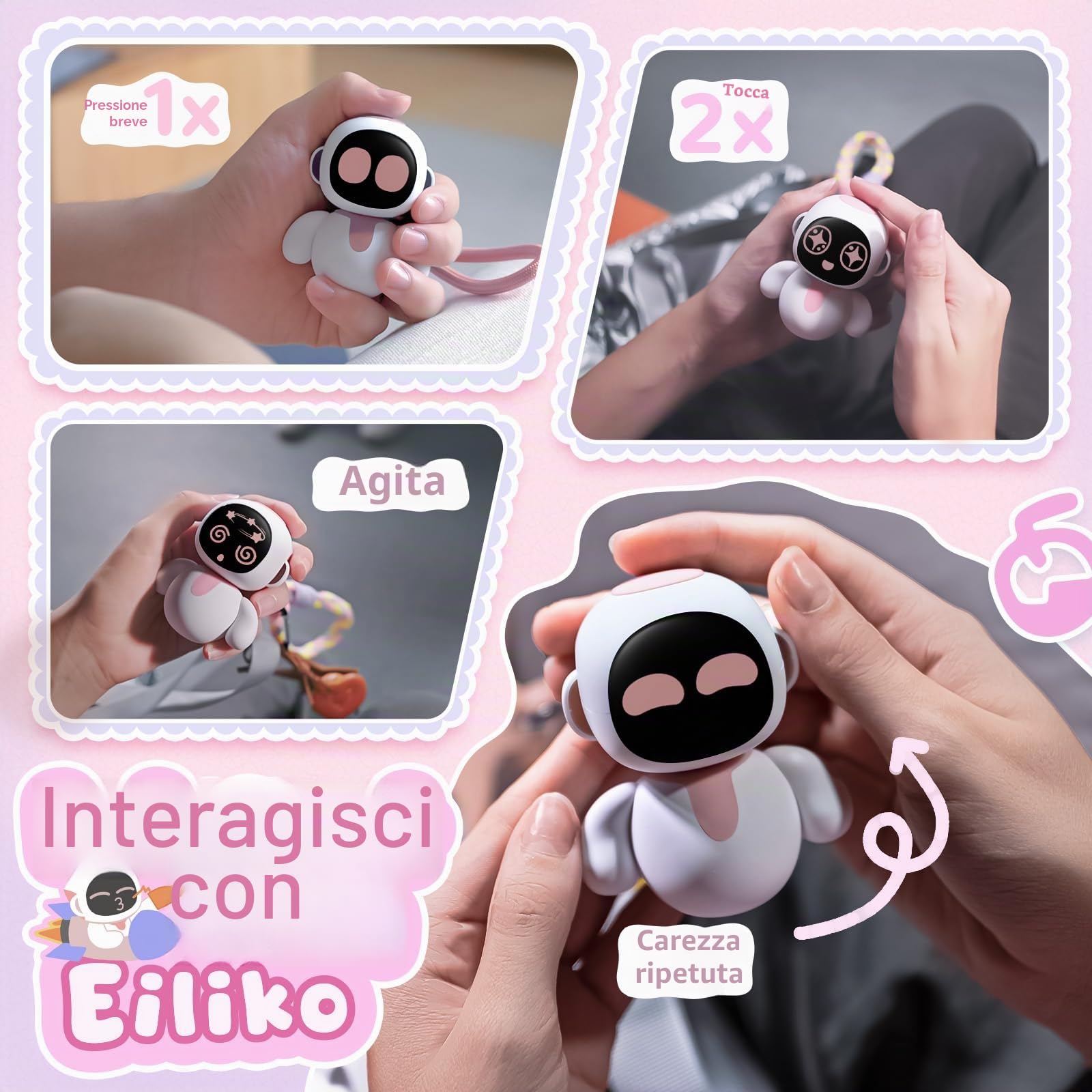 Eiliko Coral Pink + Corpi tematici intercambiabili Random 1/8 - Il tuo piccolo robot AI che si abbina a qualsiasi outfit, divertenti giocattoli elettronici da appendere per coppie.