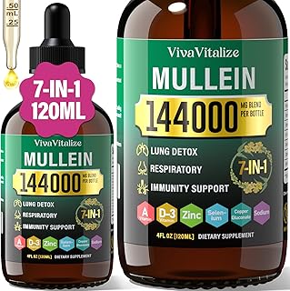 Mullein Drops for Lungs,144000mg Mullein Leaf Extract for Lungs Cleanse & Respiratory Function Healthy Breathing Immune, Digestive System, Natural Herbal Supplement Sugar & Alcohol-Free,120-Day Supply