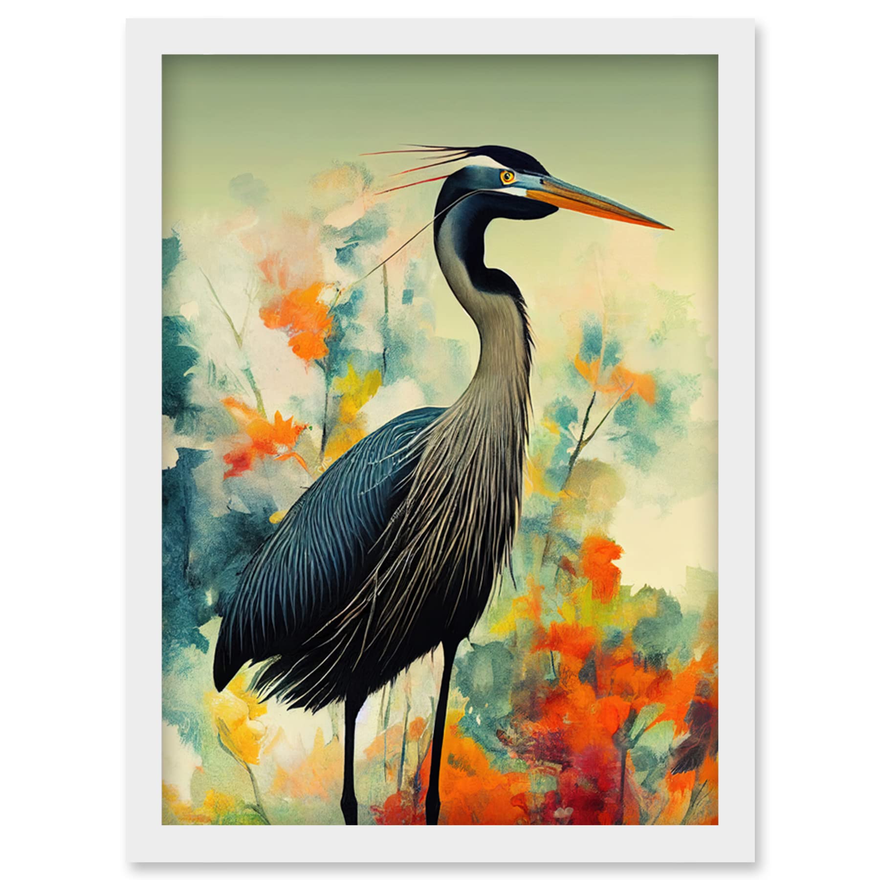 Wee Blue Coo Heron Bird in Abstract Flower Field Colourful Teal Orange Navy Illustration Artwork Framed Wall Art Print A4