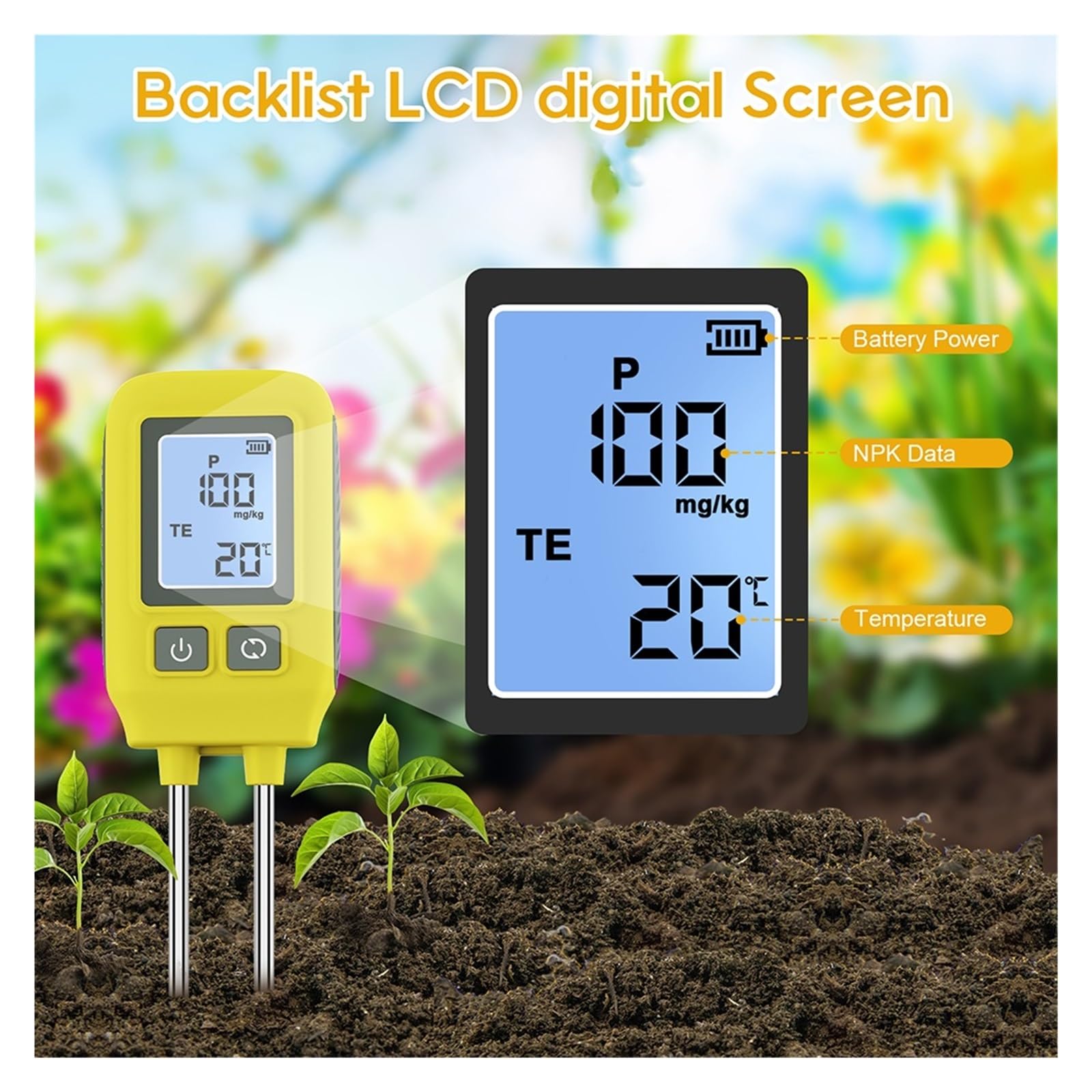 EDEDE Bodentester, 4 in 1 Bodentester LCD-Hintergrundbeleuchtung Bodendünger Nährstoffdetektor Bodentemperaturmessgerät for den Bauernhof für Pflanzenerde, Garten