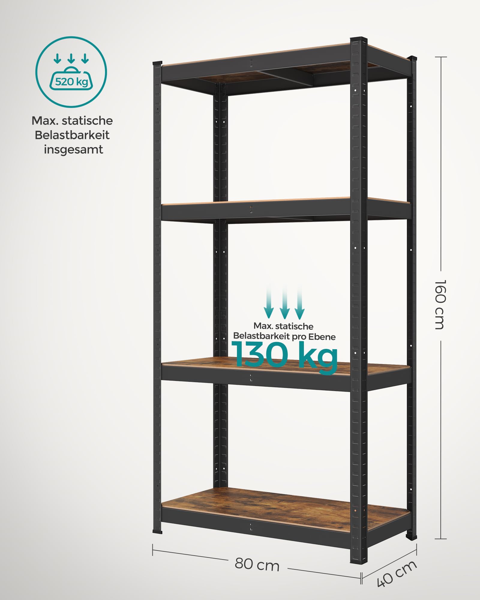 SONGMICS Standregal, Bücherregal, Lagerregal, 4 Ablagen, verstellbar, 40 x 80 x 160 cm, bis 520 kg belastbar, für Küche, Wohnzimmer, vintagebraun-schwarz GLR044B11